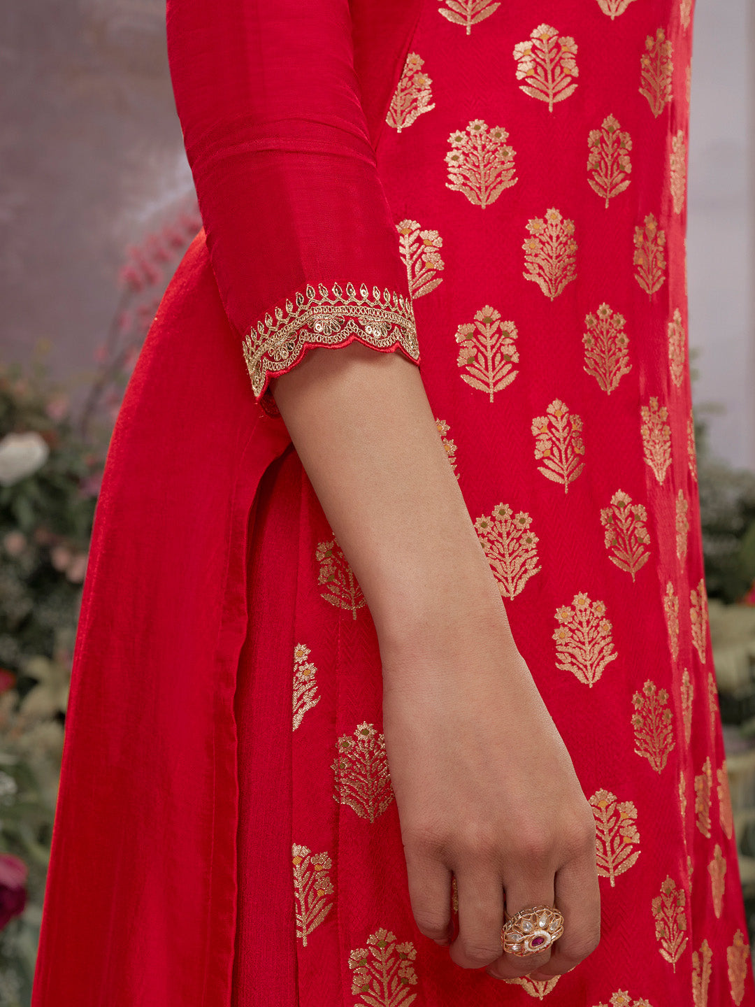 Red Dola Silk Meena Jacquard Kurta Set Paired With Embroidered Sharara Suit Set - qivii