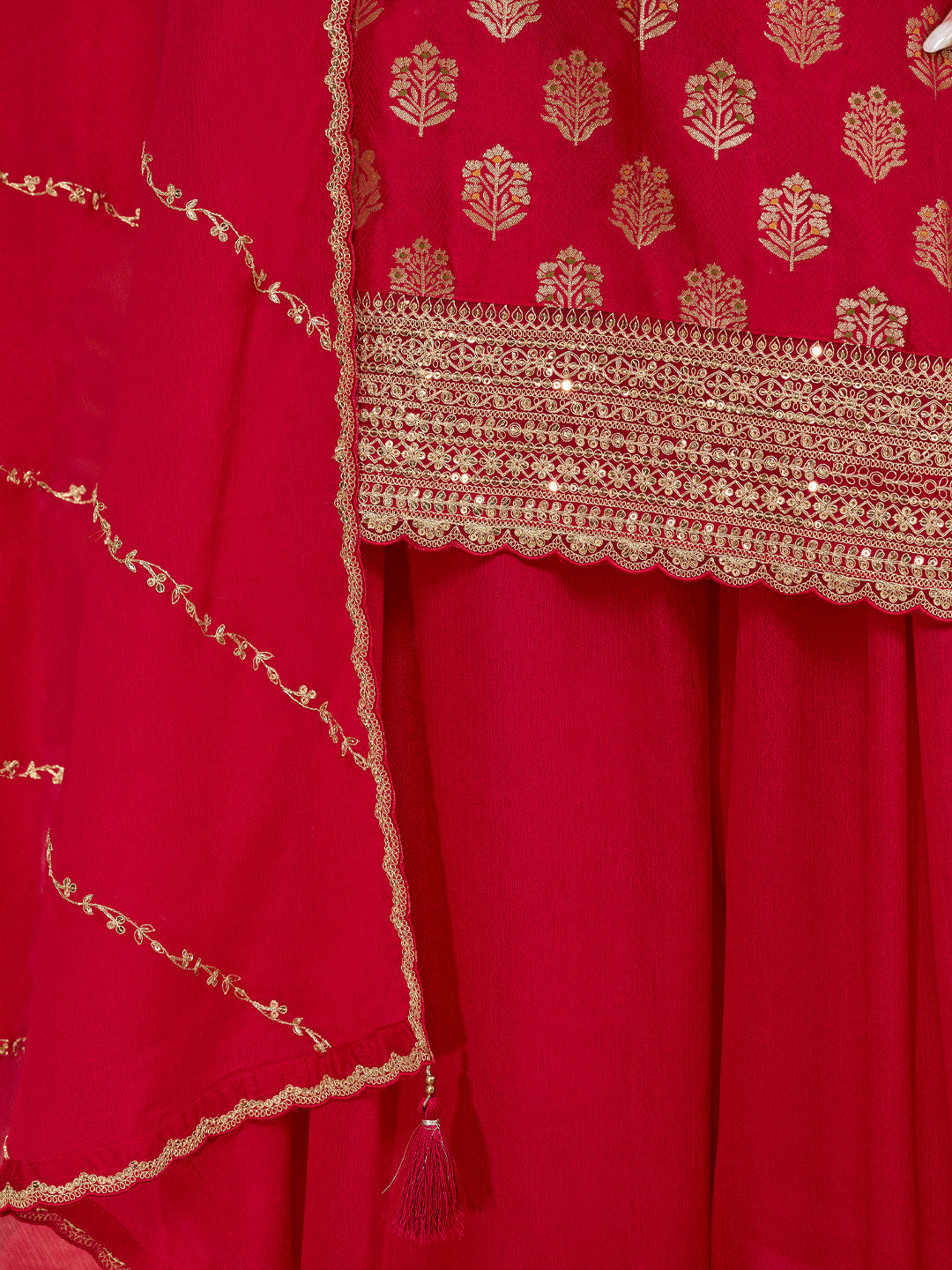Red Dola Silk Meena Jacquard Kurta Set Paired With Embroidered Sharara Suit Set - qivii