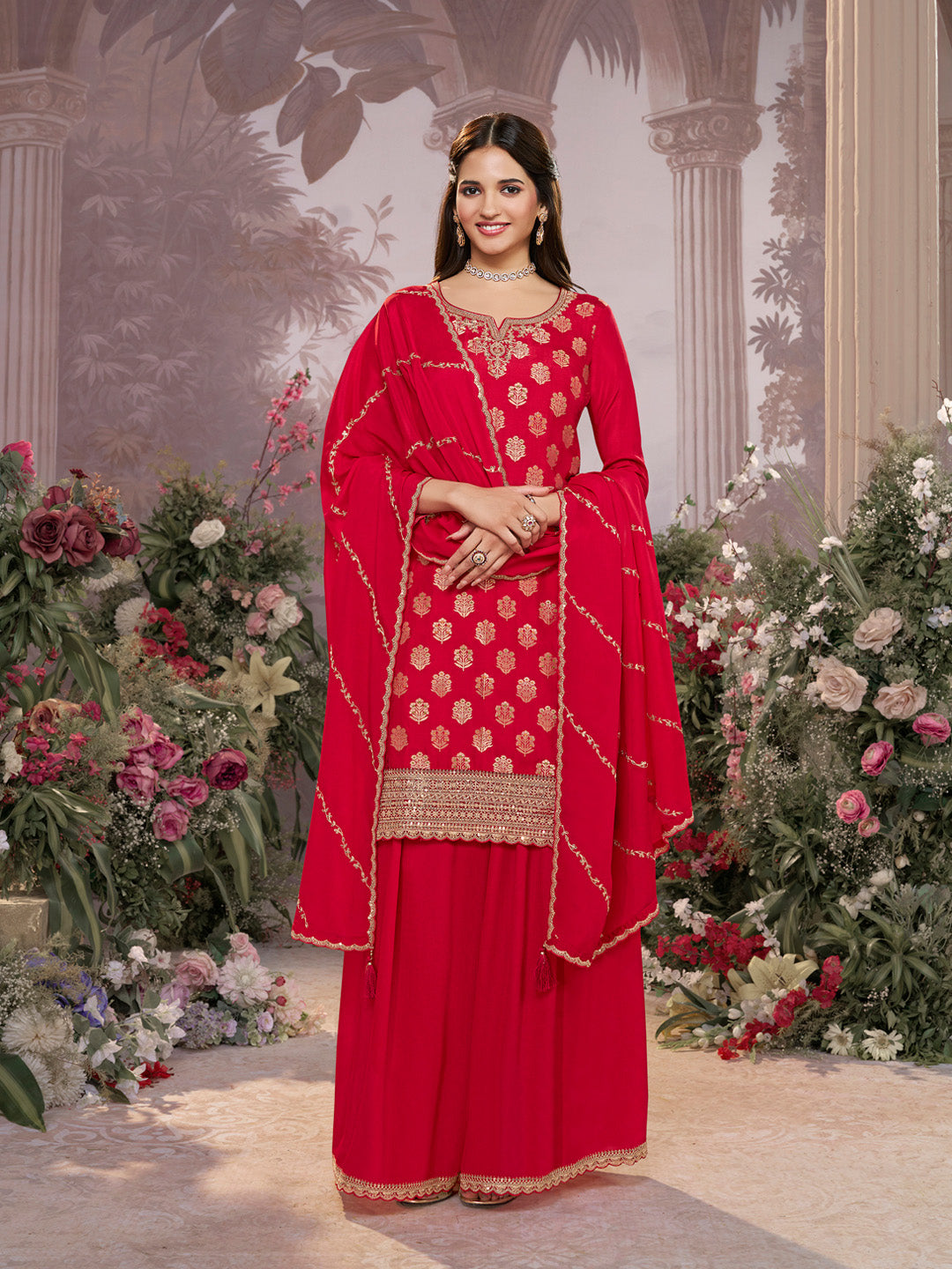 Red Dola Silk Meena Jacquard Kurta Set Paired With Embroidered Sharara Suit Set - qivii