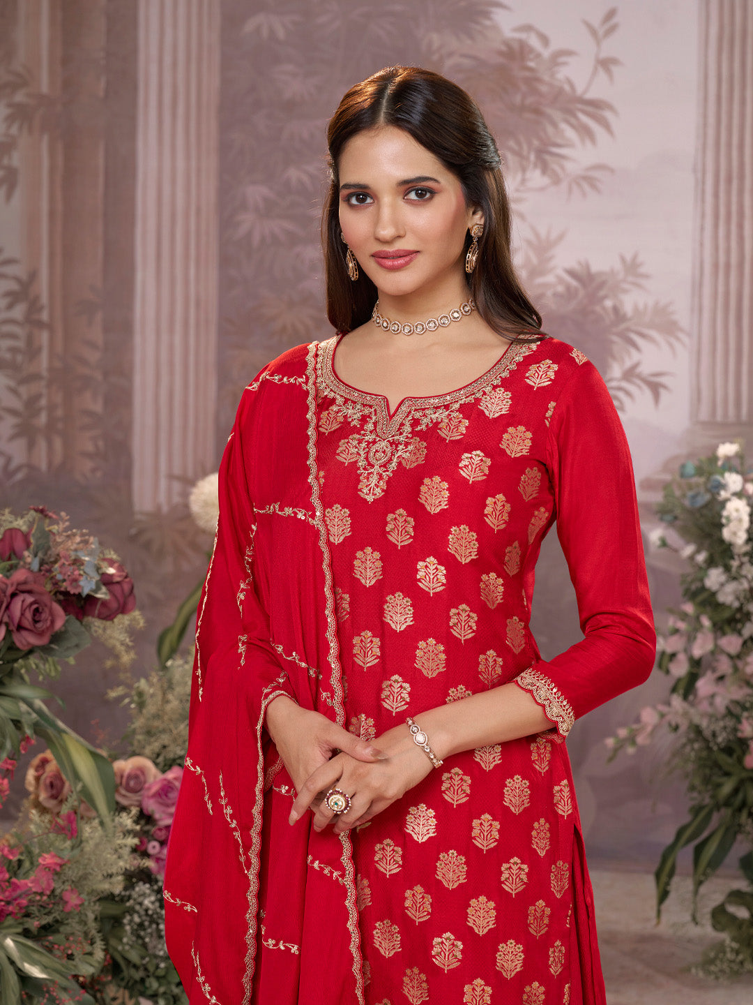 Red Dola Silk Meena Jacquard Kurta Set Paired With Embroidered Sharara Suit Set - qivii