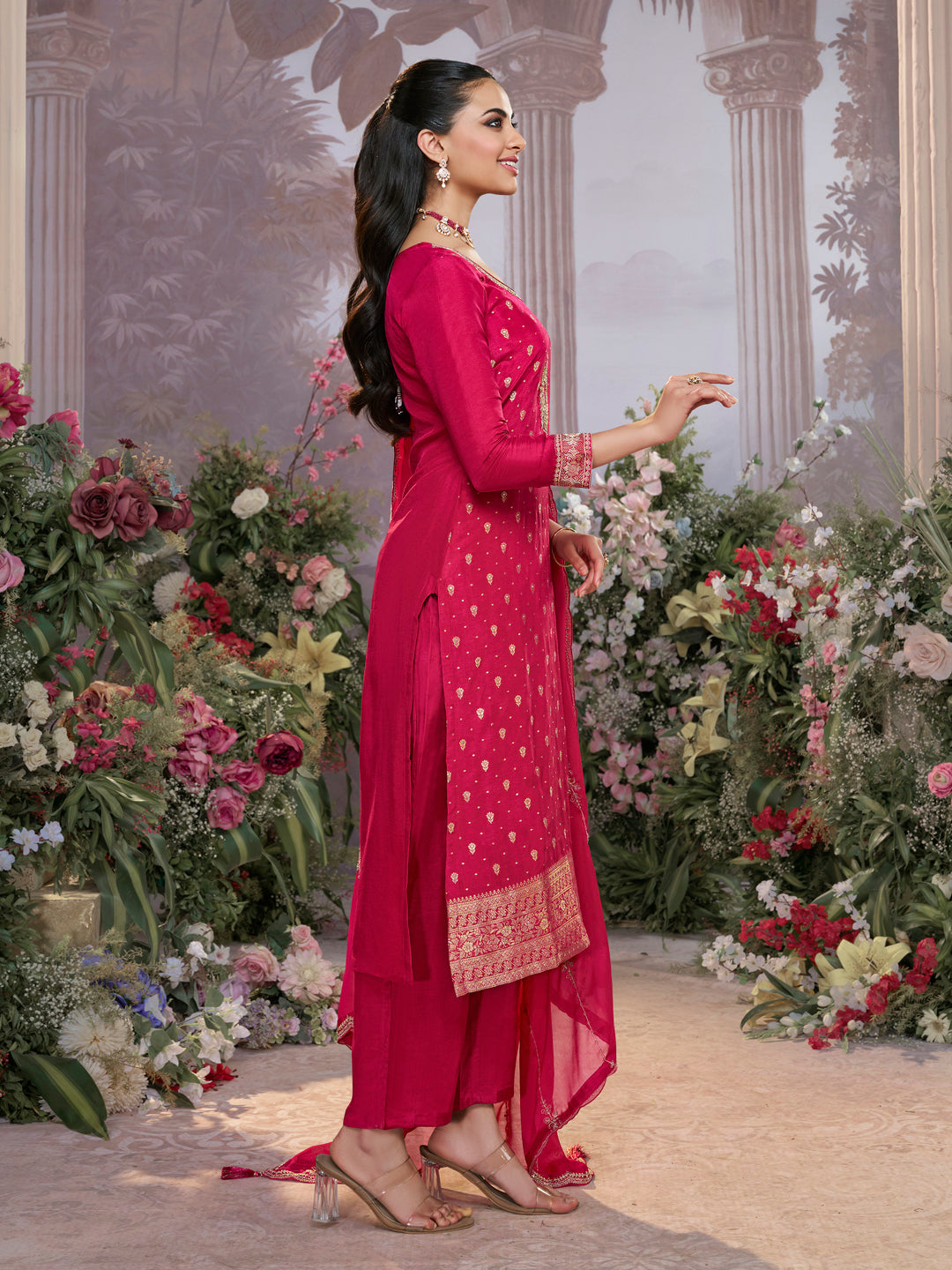 Pink Dola Silk Fabric Kurta with Embroidered & Jacquard Work Paired with Rangoli Fabric Dupatta with Patterned Sequins Work