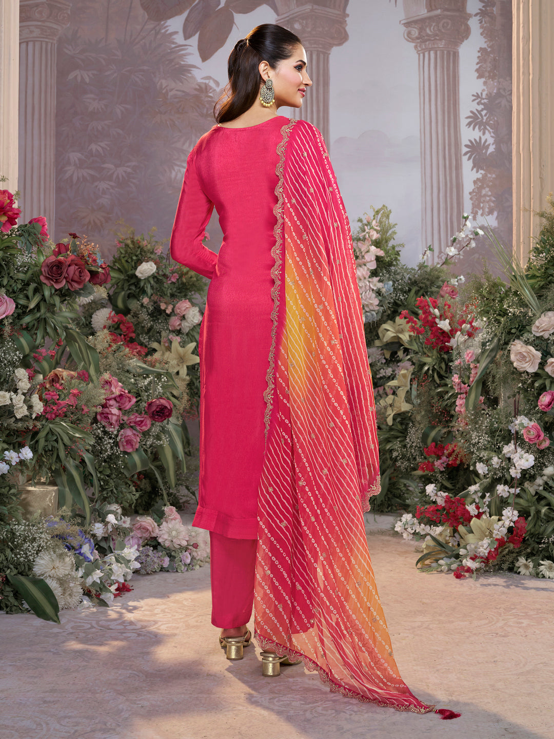 Red Dola Silk Kurta Set with Embroidered Work Paired with Chiffon Dupatta with Digital Print Work - qivii