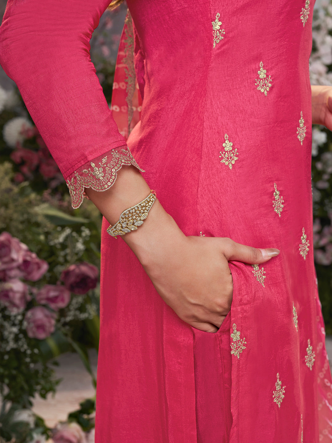 Red Dola Silk Kurta Set with Embroidered Work Paired with Chiffon Dupatta with Digital Print Work - qivii