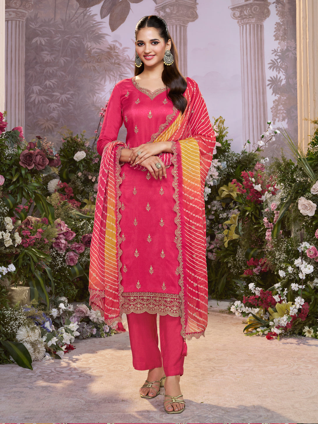Red Dola Silk Kurta Set with Embroidered Work Paired with Chiffon Dupatta with Digital Print Work - qivii