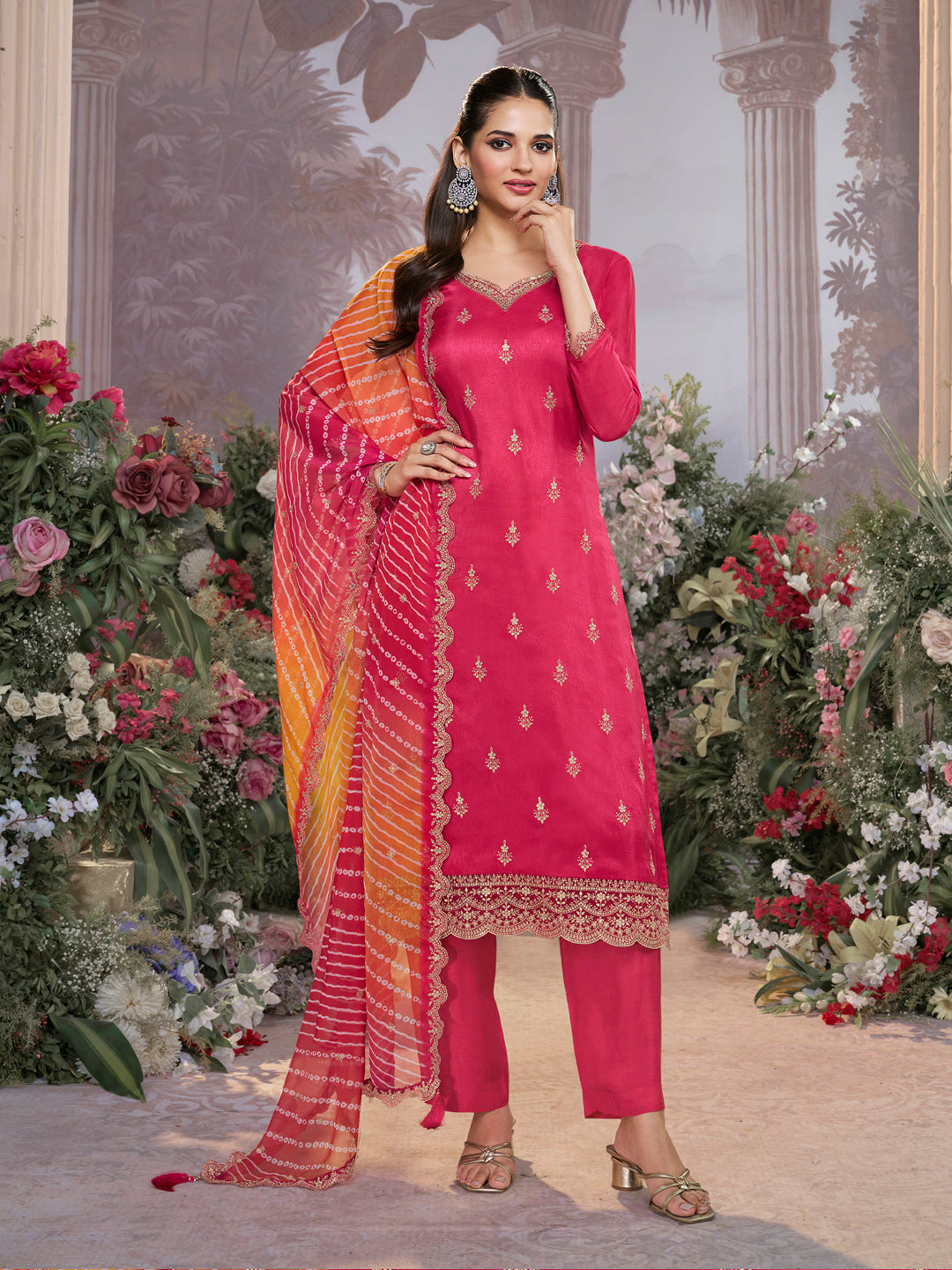 Red Dola Silk Kurta Set with Embroidered Work Paired with Chiffon Dupatta with Digital Print Work - qivii