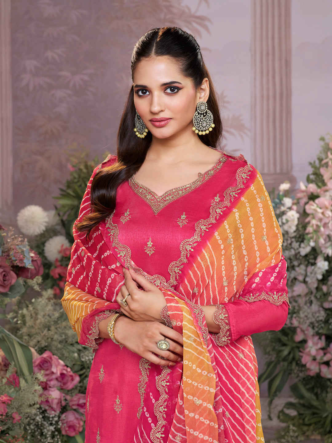 Red Dola Silk Kurta Set with Embroidered Work Paired with Chiffon Dupatta with Digital Print Work - qivii