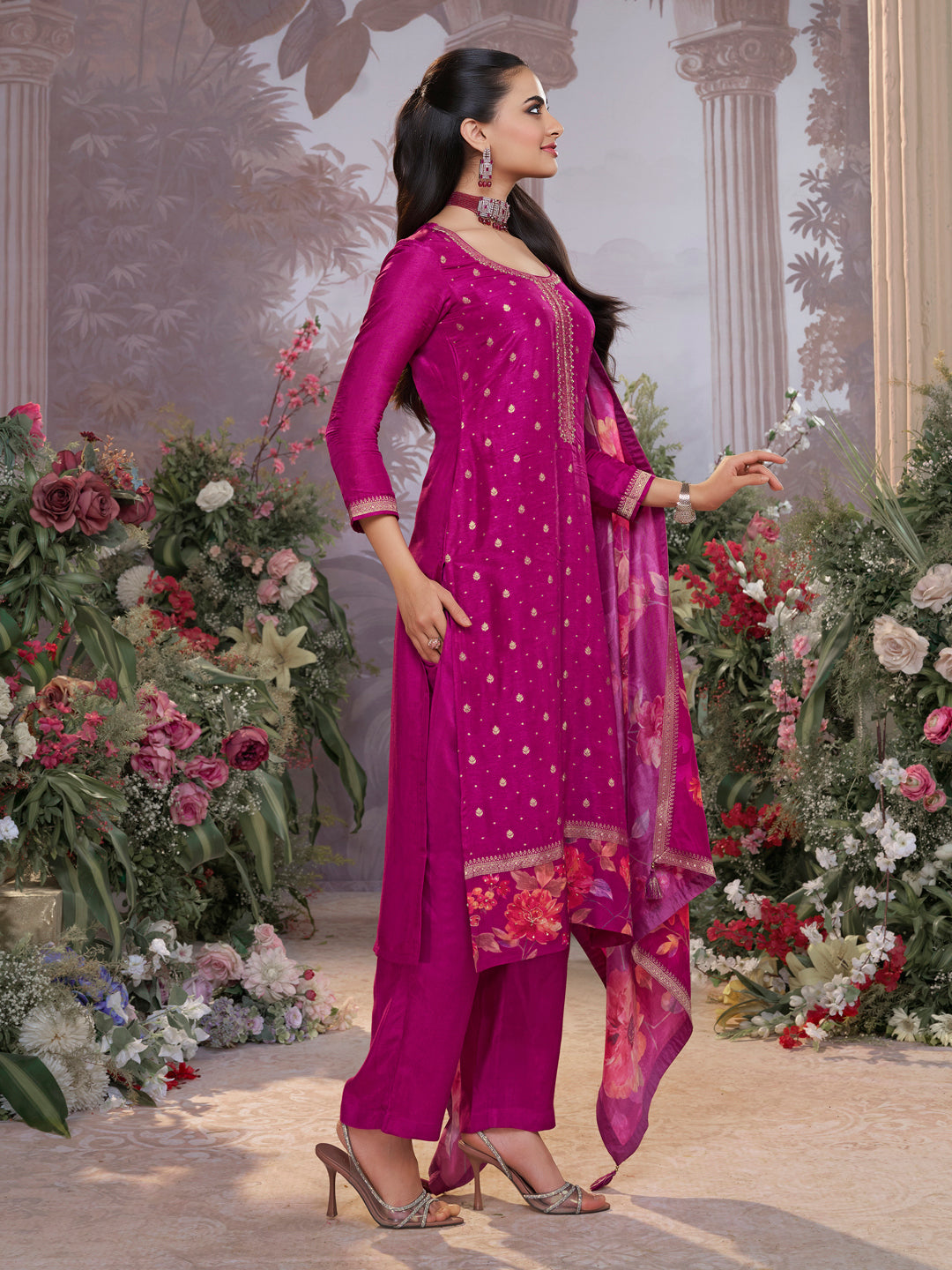 Purple Dola Silk Kurta Set with Jacquard Work, Paired with a Dola Silk Digital Printed Dupatta