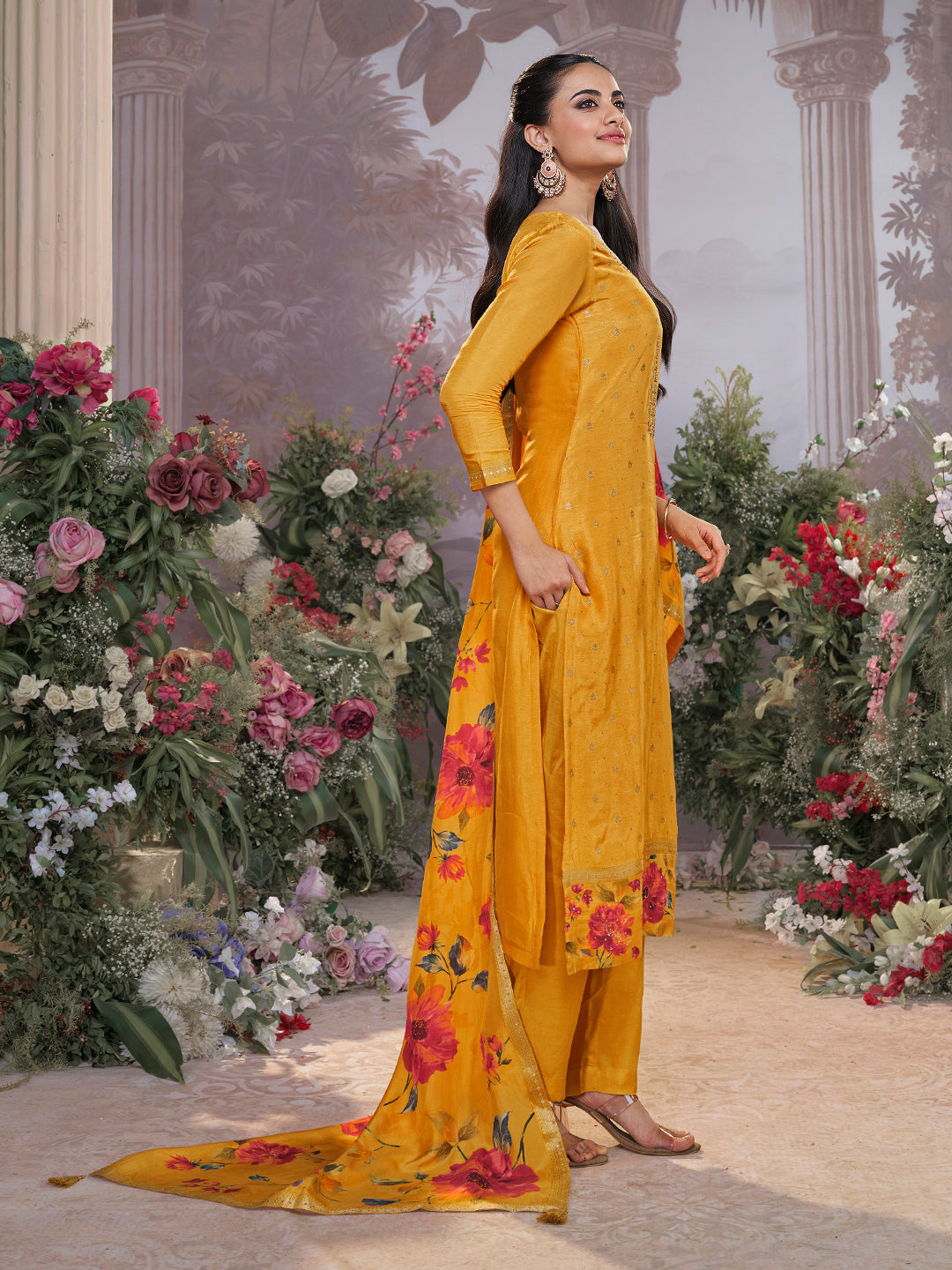 Yellow Dola Silk Kurta Set with Jacquard Work, Paired with a Dola Silk Digital Printed Dupatta
