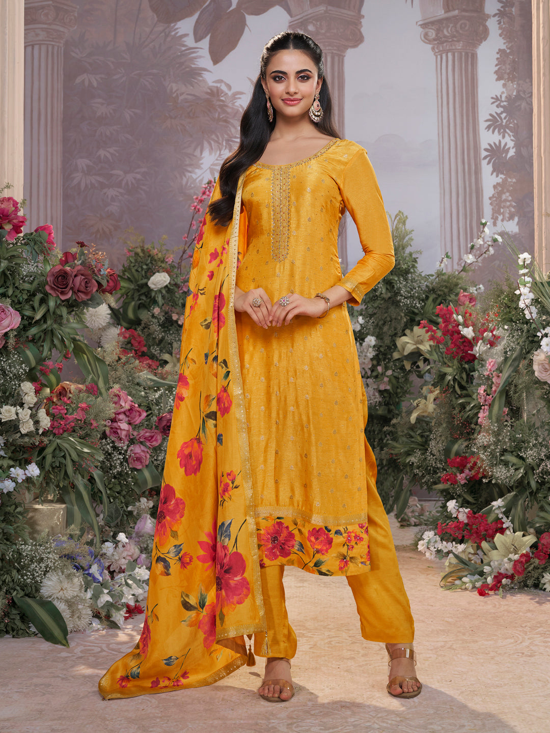 Yellow Dola Silk Kurta Set with Jacquard Work, Paired with a Dola Silk Digital Printed Dupatta