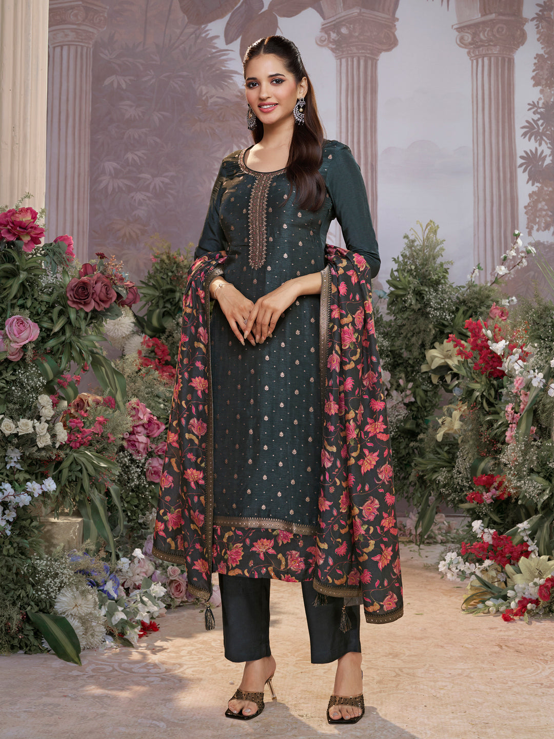 Dark Charcoal Dola Silk Kurta Set with Jacquard Work, Paired with a Dola Silk Digital Printed Dupatta