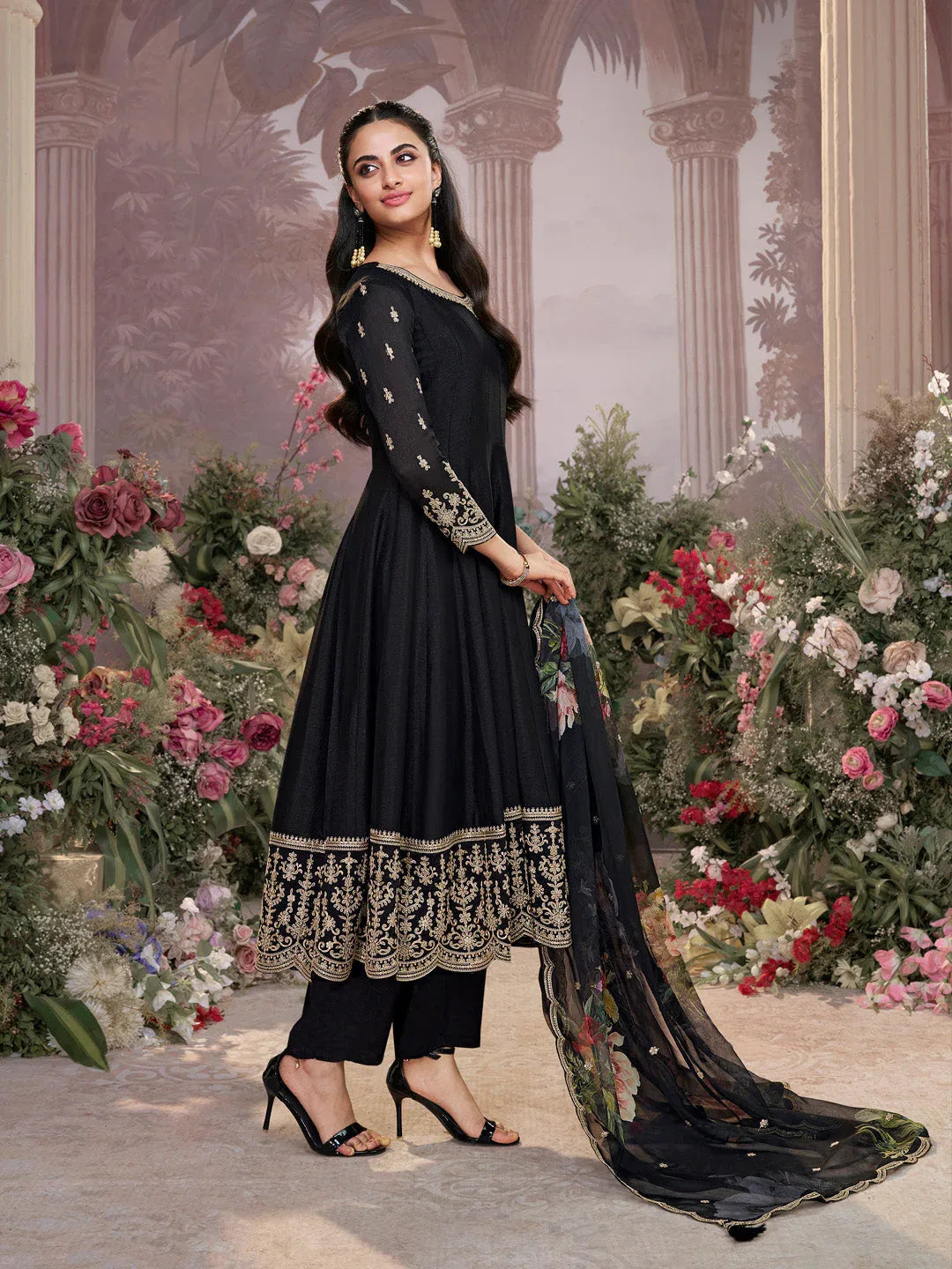 Black Vichitra Silk Embroidered Anarkali Set with Digital Printed Chiffon Dupatta