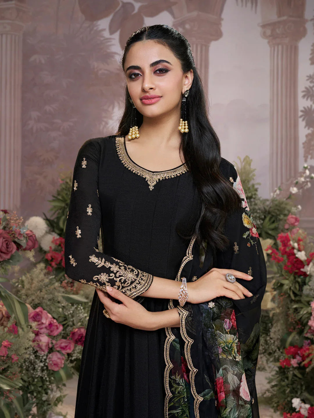 Black Vichitra Silk Embroidered Anarkali Set with Digital Printed Chiffon Dupatta