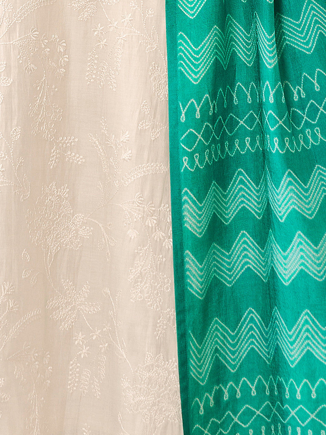 Off-White Viscose Thread Work Kurta Suit Set Paired with Digital Printed Green Contrast Dupatta