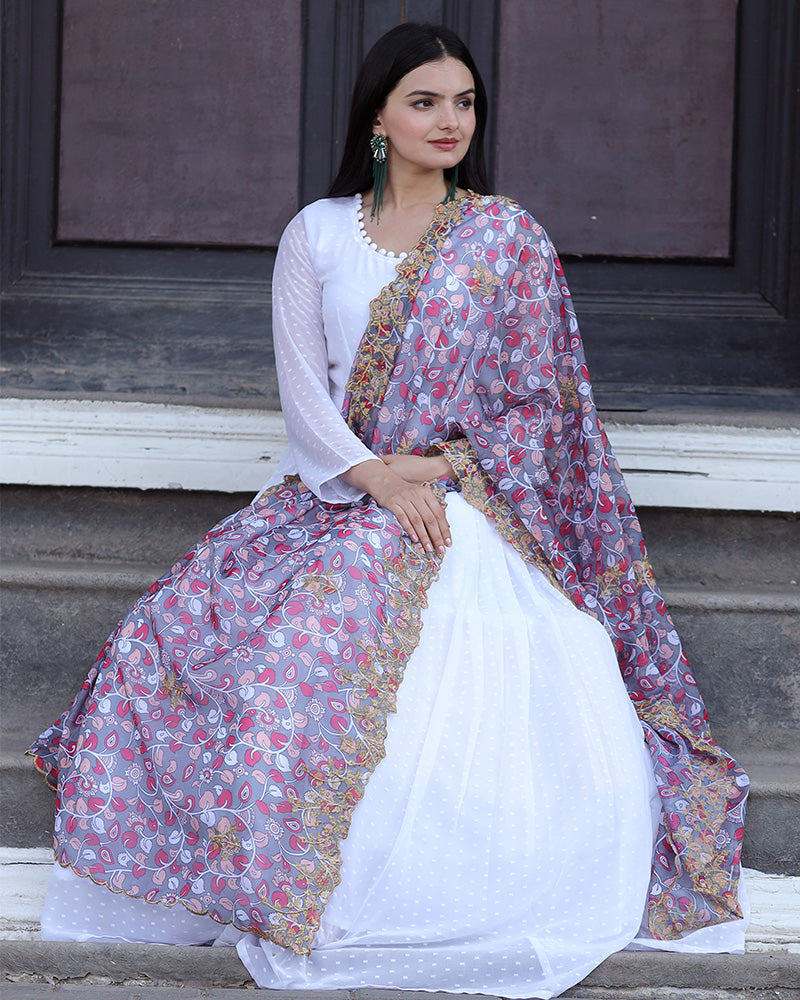 White Color Georgette Gown With Designer Dupatta  - By Qivii