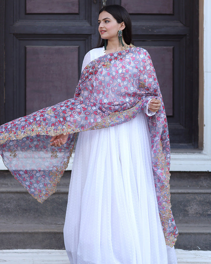 White Color Georgette Gown With Designer Dupatta  - By Qivii