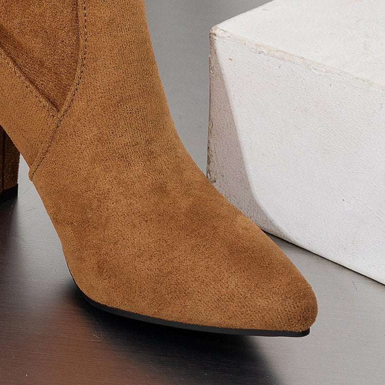 Women’s Suede ChunkyEdge Knee-High Boots – Pointed Toe Chunky Heel Tall Boots (US 4–10.5)