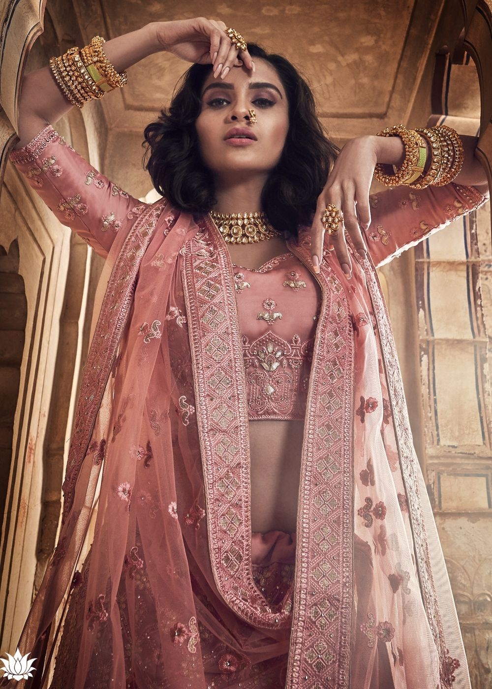 Salmon Pink Satin Lehenga Choli with Gota, Thread, Zarkan and Zari work