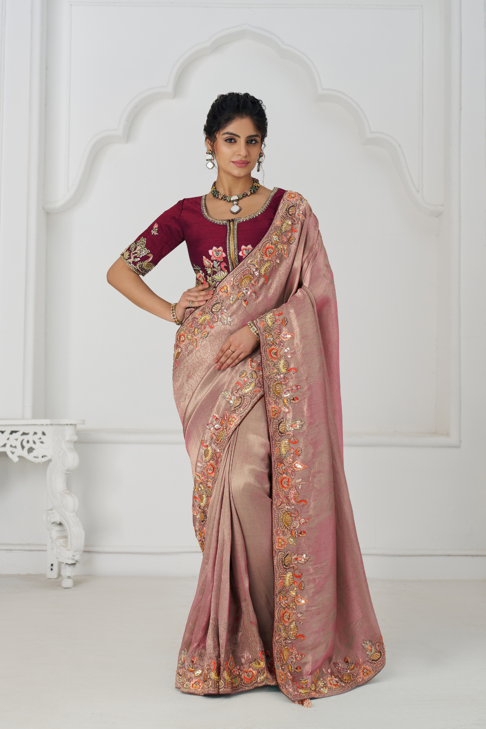 Pretty Pink Color Saree With Multi-thread And Sequins Embroidery For Wedding - qivii