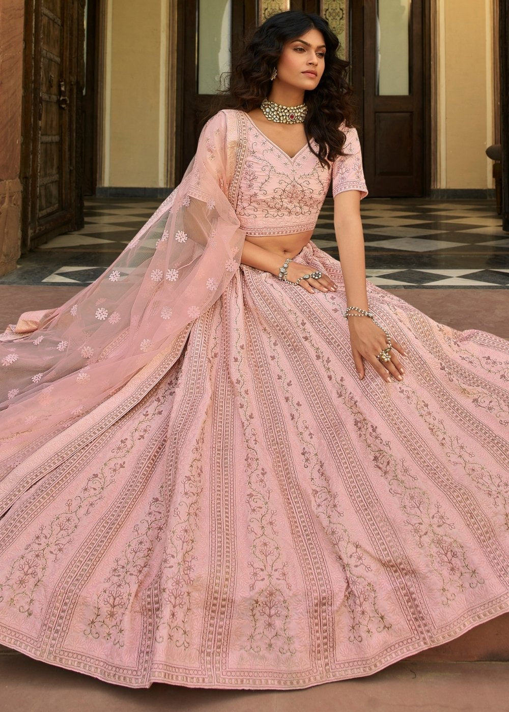 Baby Pink Organza Lehenga with Zari,Thread & Sequins work | Ready To Wear - qivii