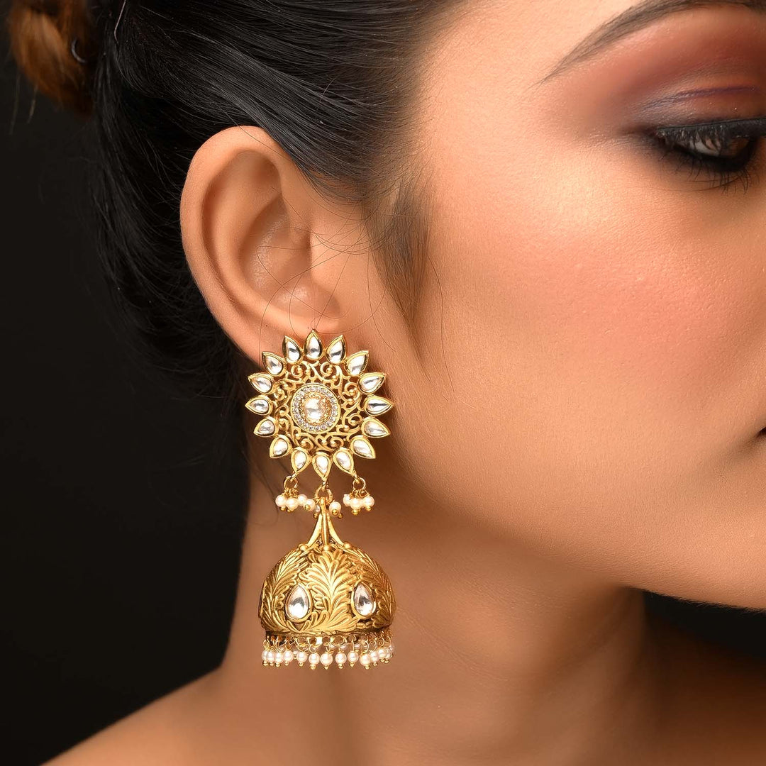 Aashiyana White Stone Gold Plated Kundan jhumki