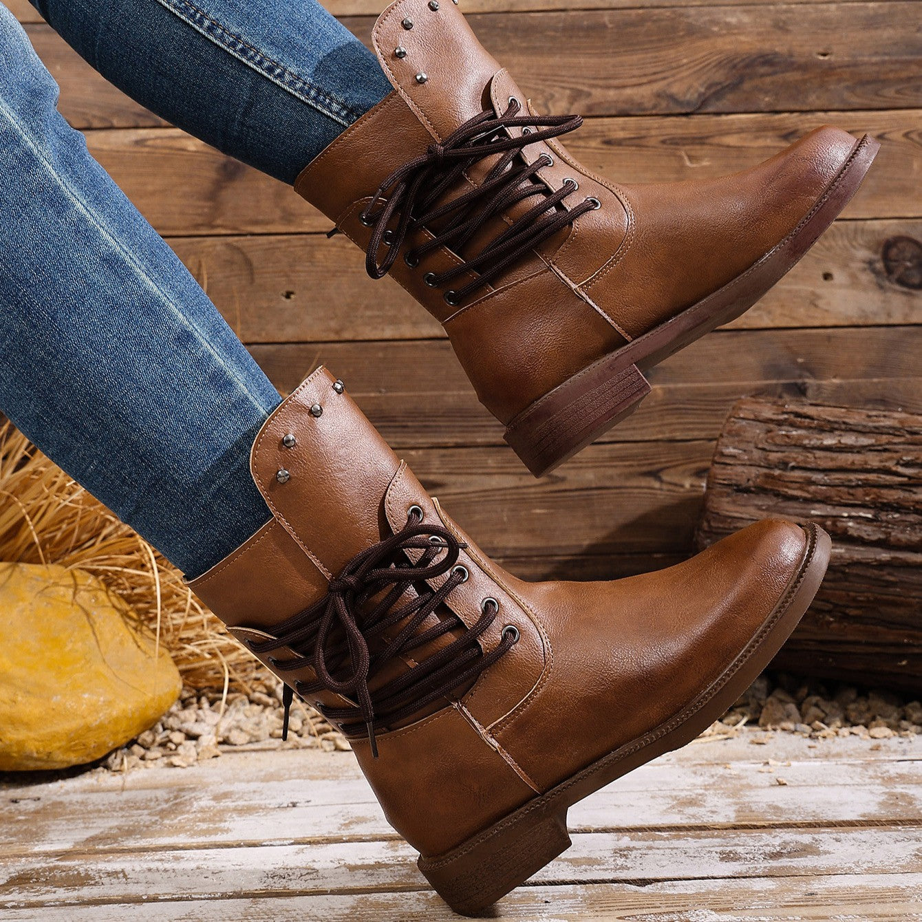 Women's Rivet Roma Boots - Side Lace Chunky Heel Mid Calf Boots (US 4-10.5)