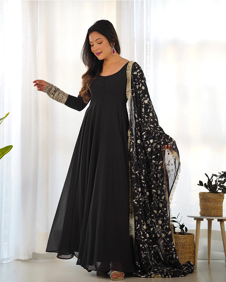 Black Color Soft Georgette Anarkali Gown With Heavy Embroidery Work Dupatta  - By Qivii