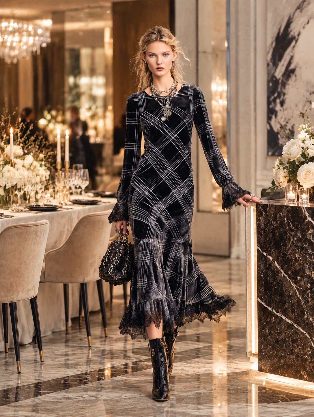 Elegant Lace-Trimmed Black Plaid Lace-Trimmed Velvet Midi Dress  - By Qivii