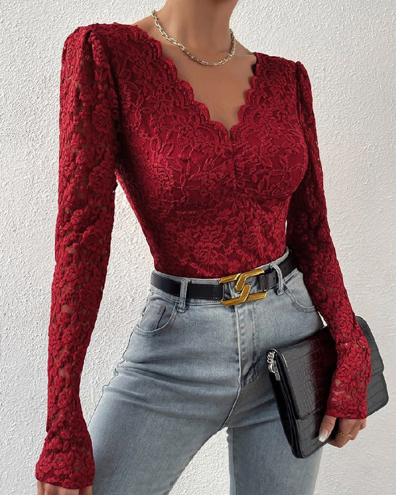 Floral Lace Sheer Long Sleeve Bodysuit V Neck Slim Fit Thong Body Shaper  - By Qivii