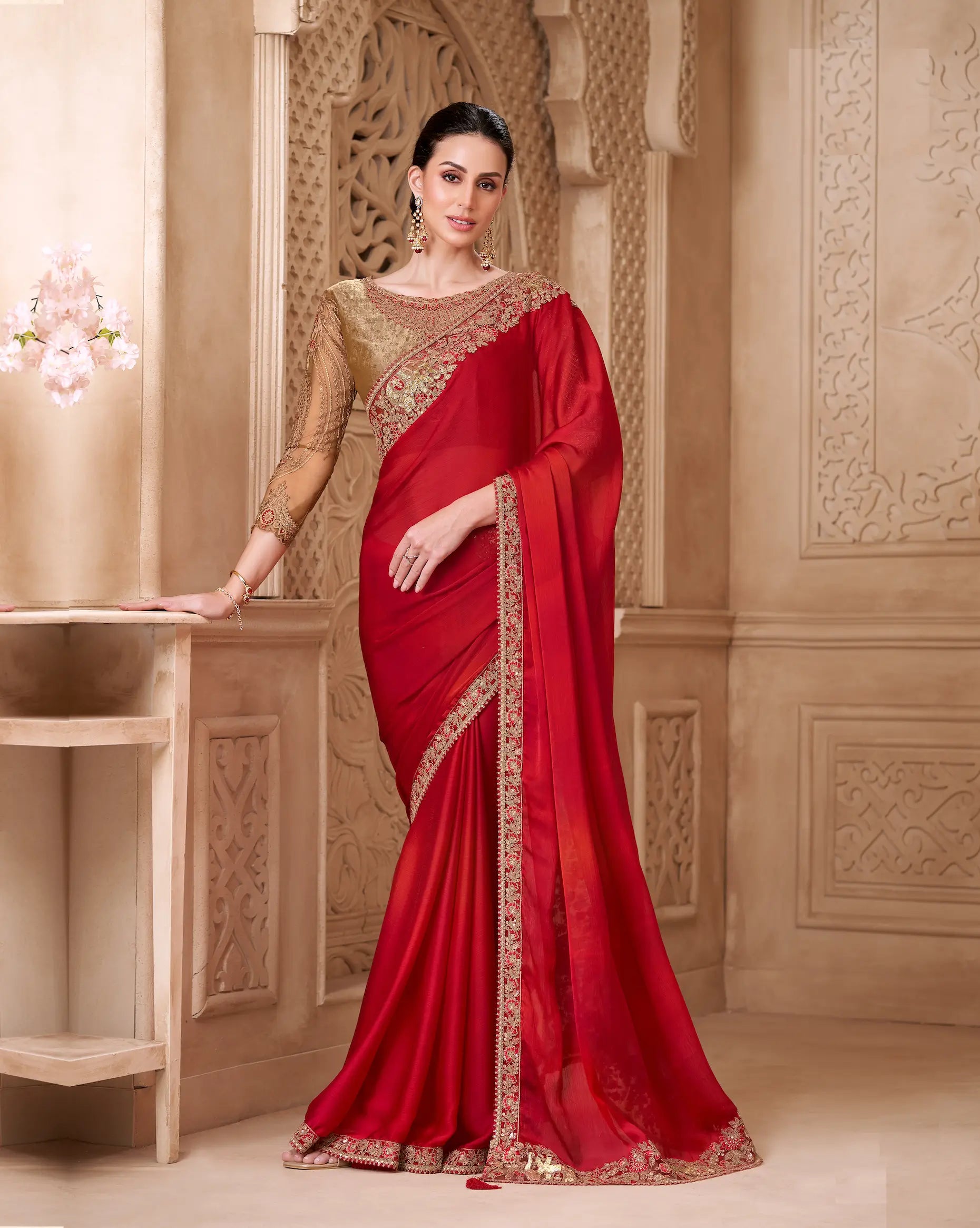Blooming Red Satin Silk Embroidery Party Wear Saree - qivii
