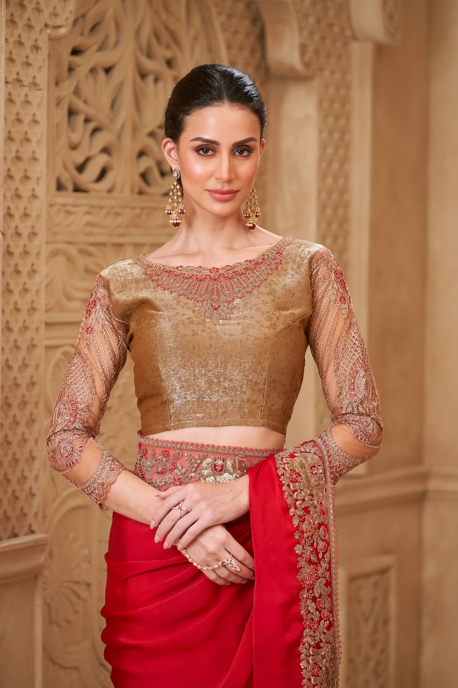 Blooming Red Satin Silk Embroidery Party Wear Saree - qivii