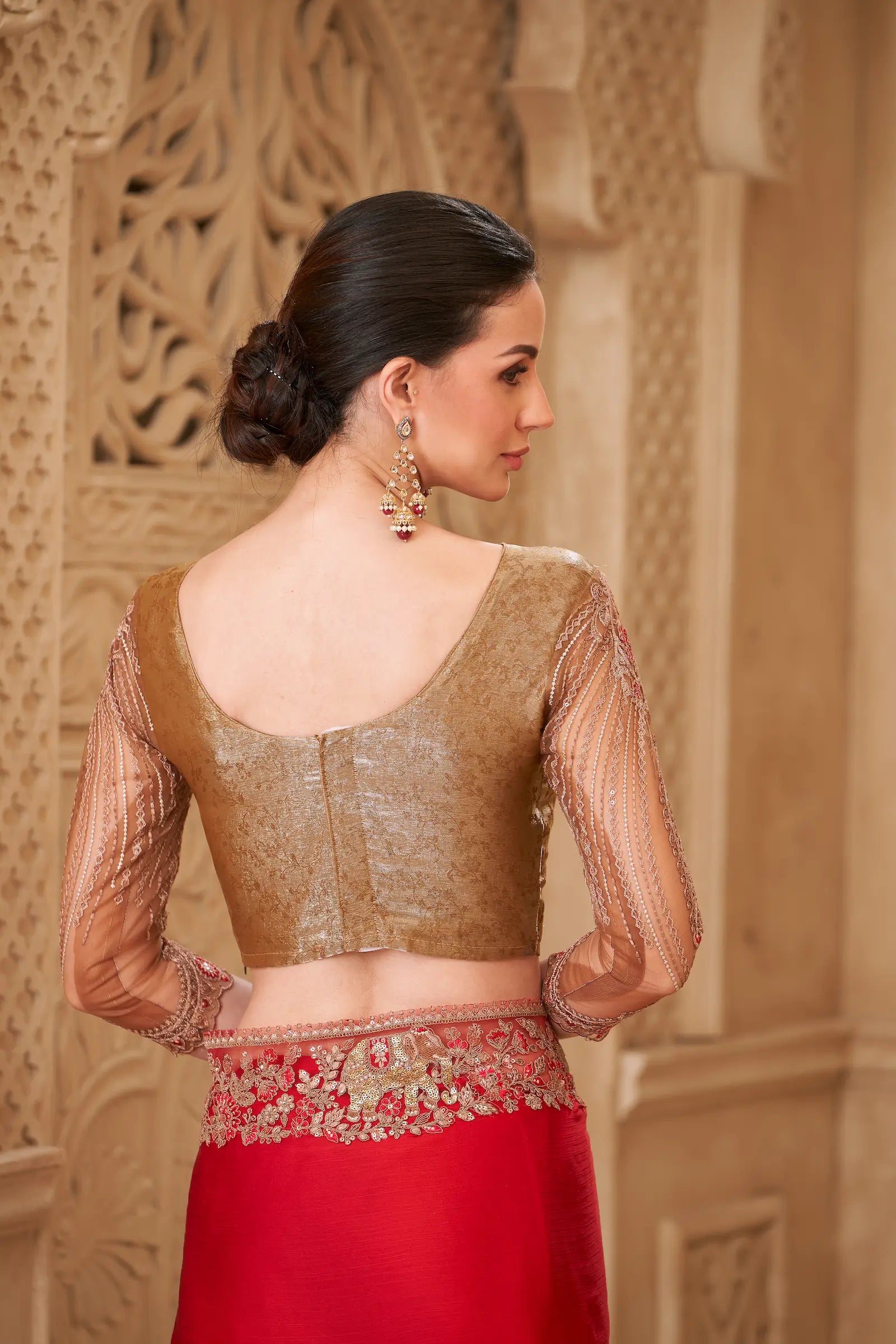 Blooming Red Satin Silk Embroidery Party Wear Saree - qivii