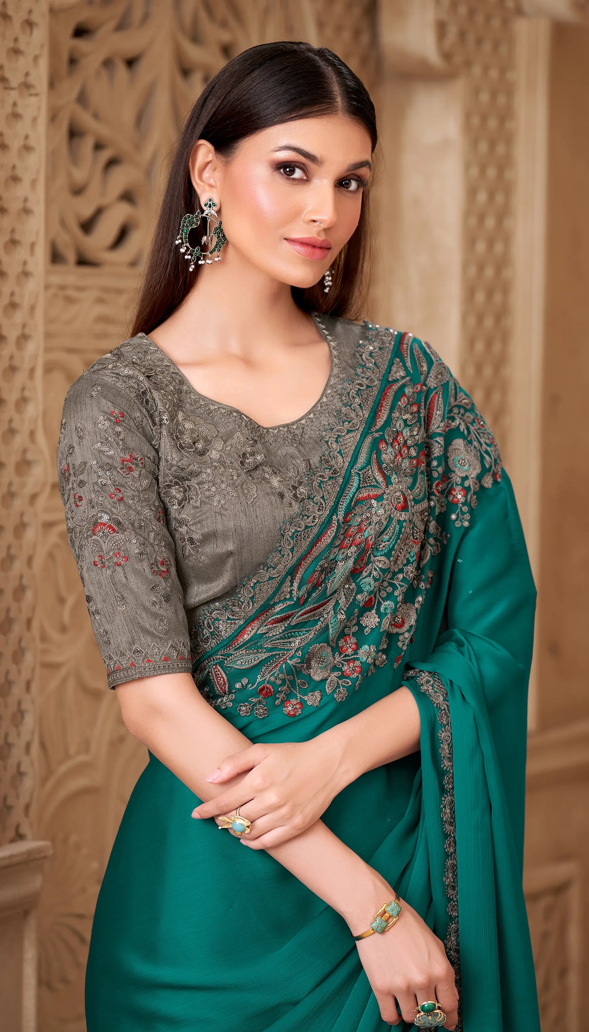 Teal Blue Satin Silk Embroidery Party Wear Saree - qivii