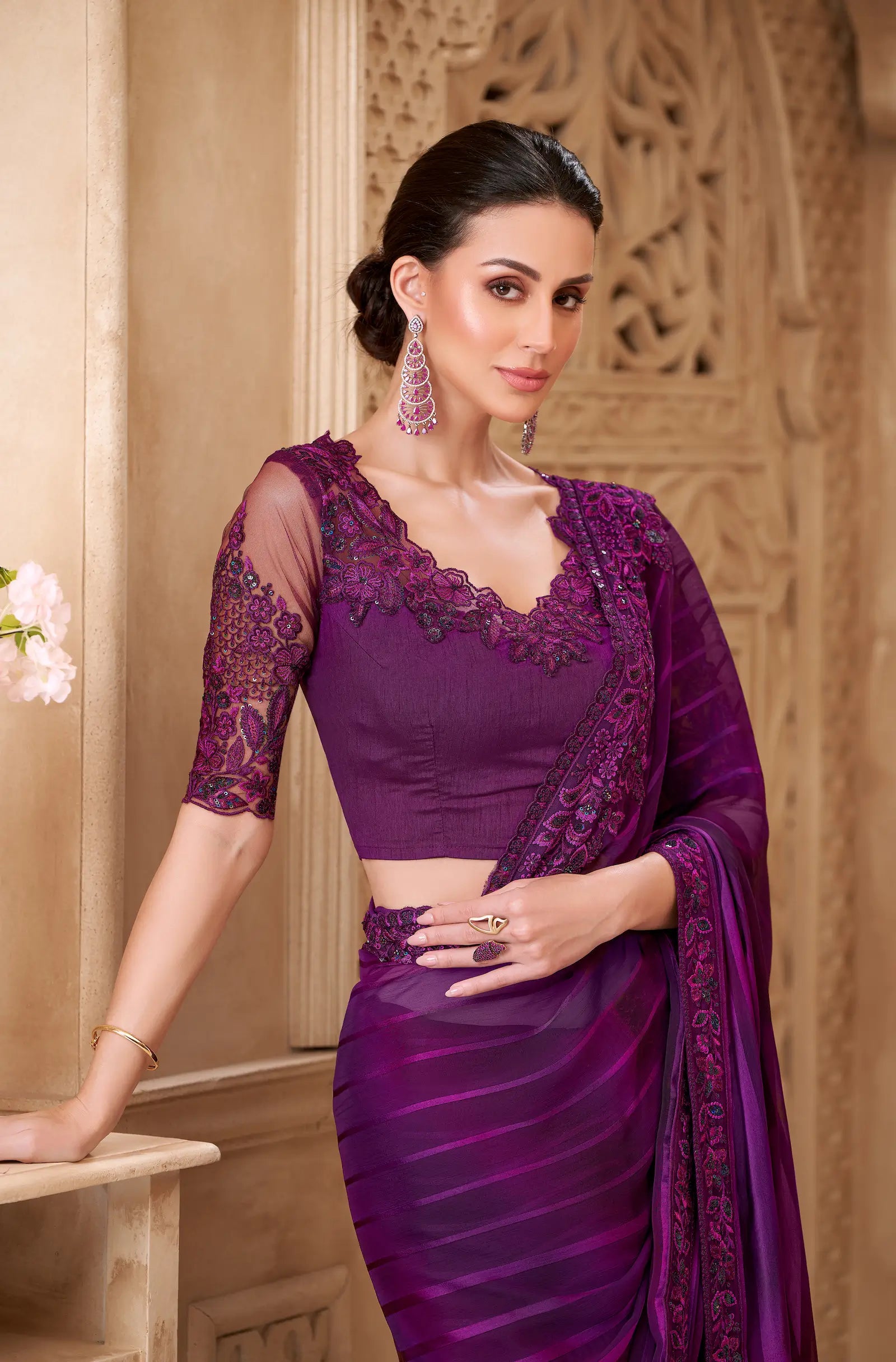 Mulberry Pattern Georgette Embroidery Party Wear Saree - qivii
