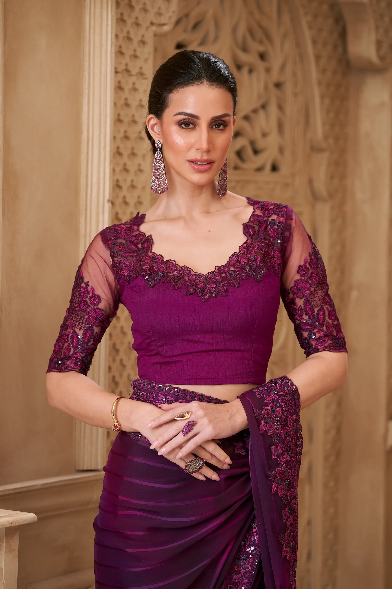 Mulberry Pattern Georgette Embroidery Party Wear Saree - qivii