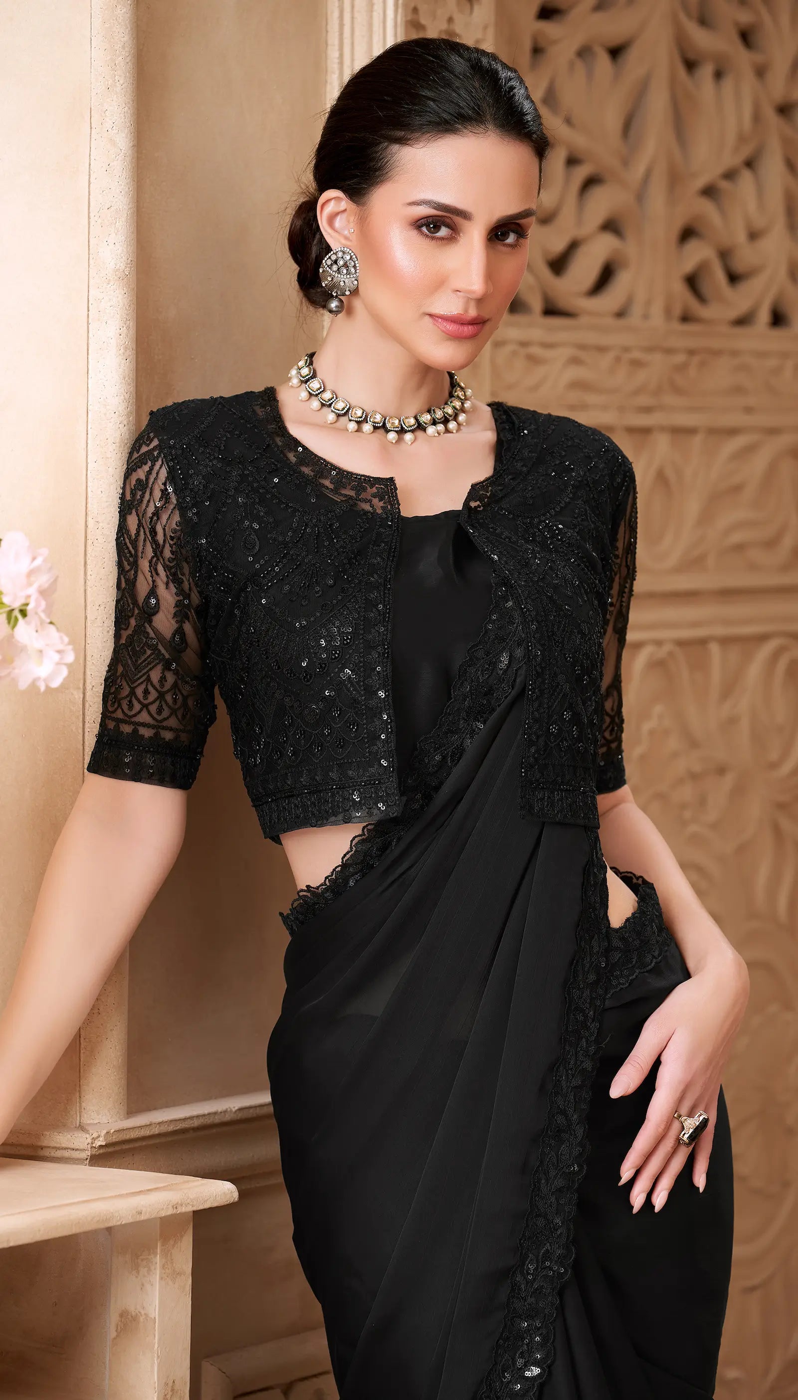 Black Satin Georgette Embroidery Party Wear Jacket Saree - qivii