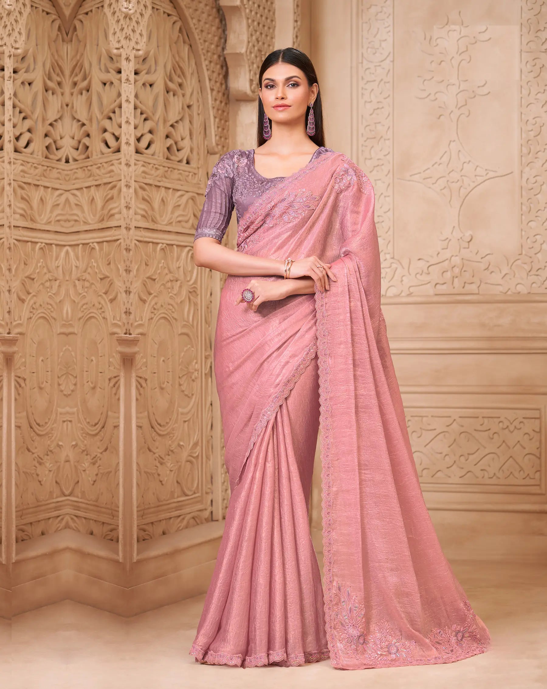 Salmon Pink Crush Georgette Embroidery Party Wear Saree - qivii