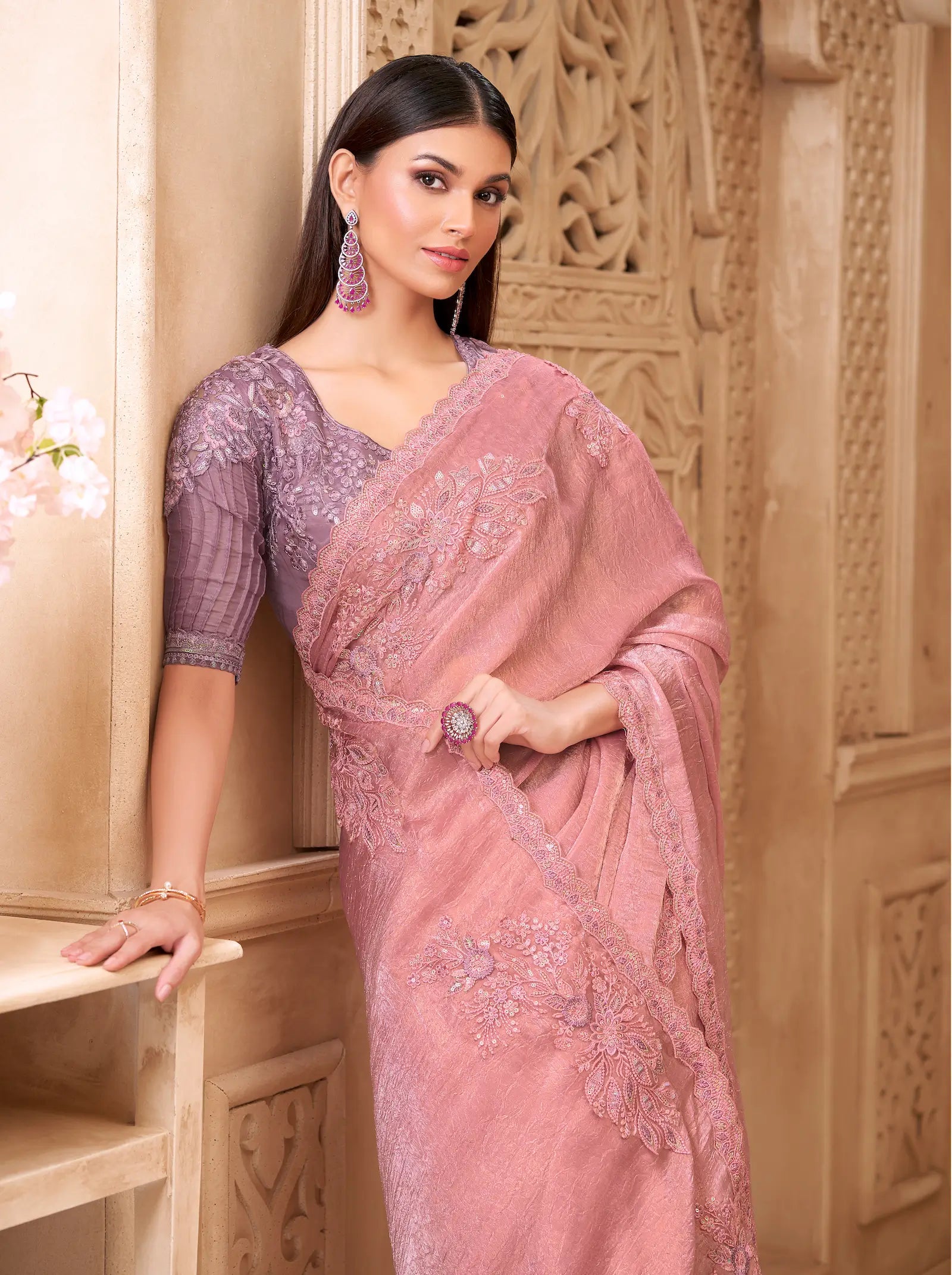 Salmon Pink Crush Georgette Embroidery Party Wear Saree - qivii