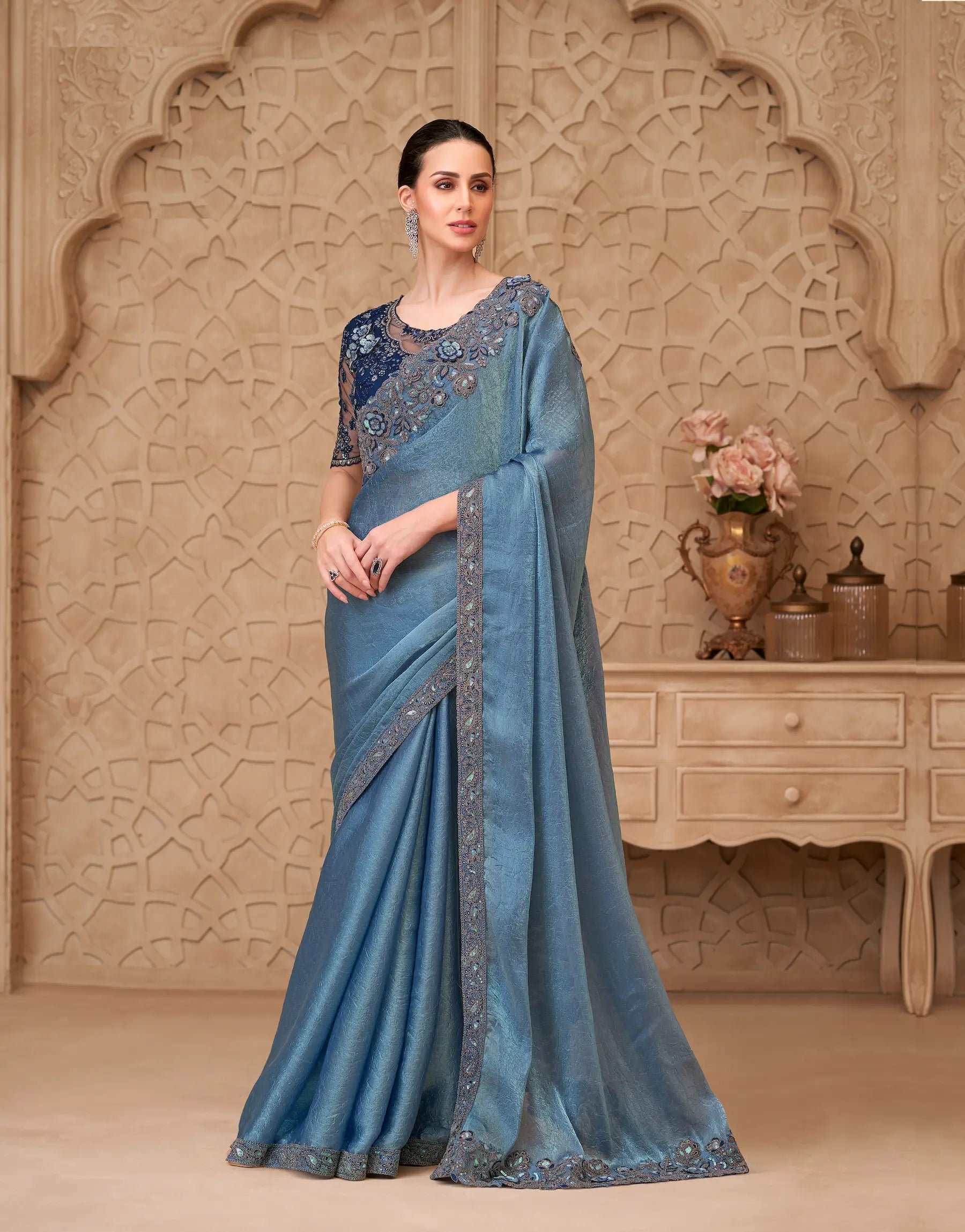 Metal Blue Crush Georgette Embroidery Party Wear Saree - qivii