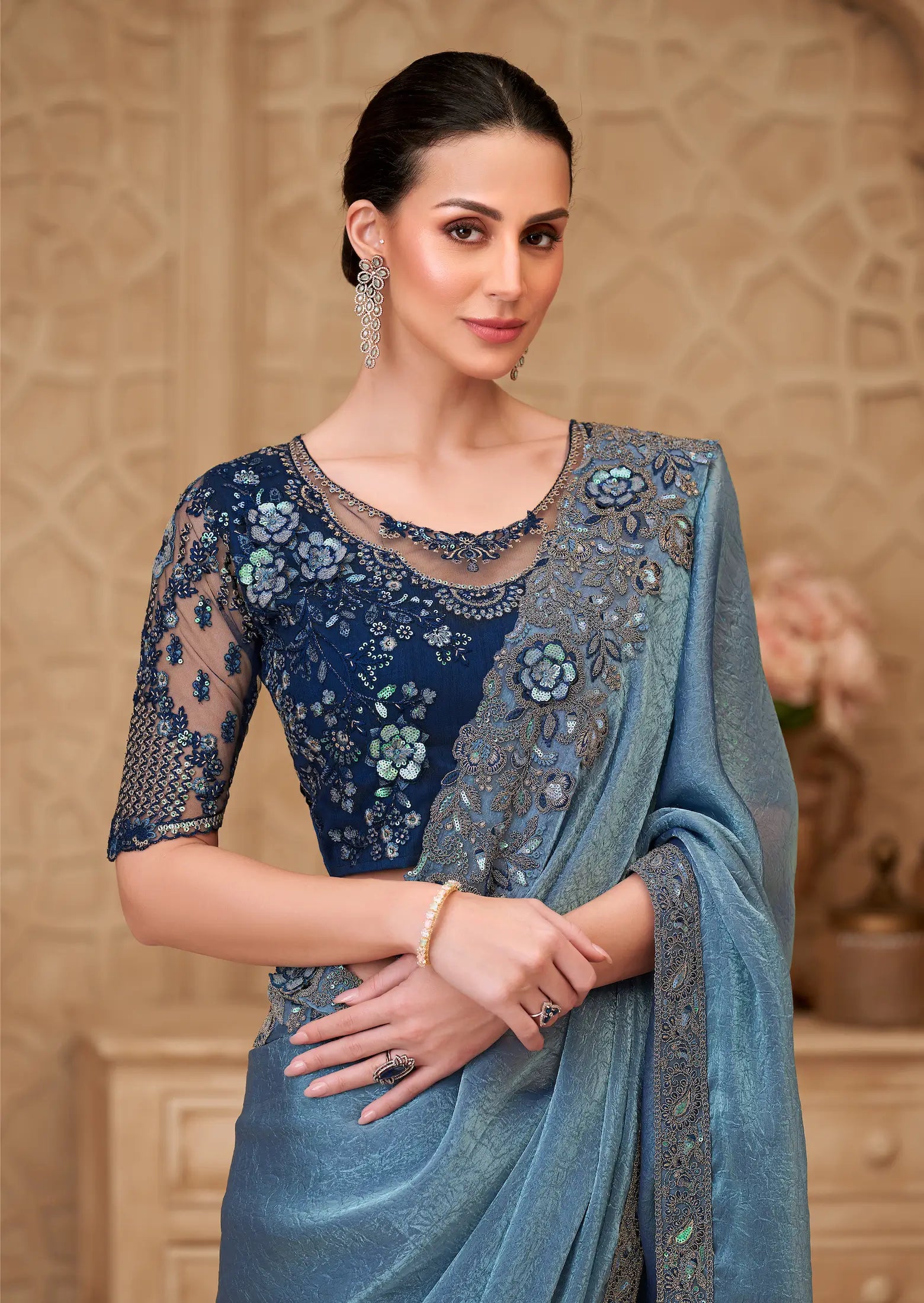 Metal Blue Crush Georgette Embroidery Party Wear Saree - qivii