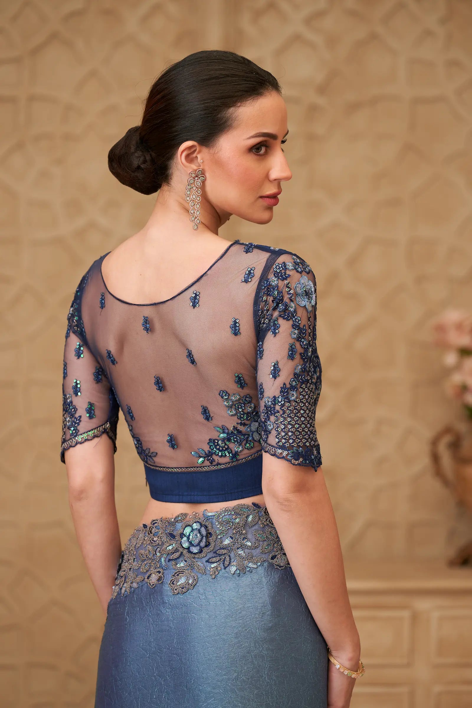 Metal Blue Crush Georgette Embroidery Party Wear Saree - qivii