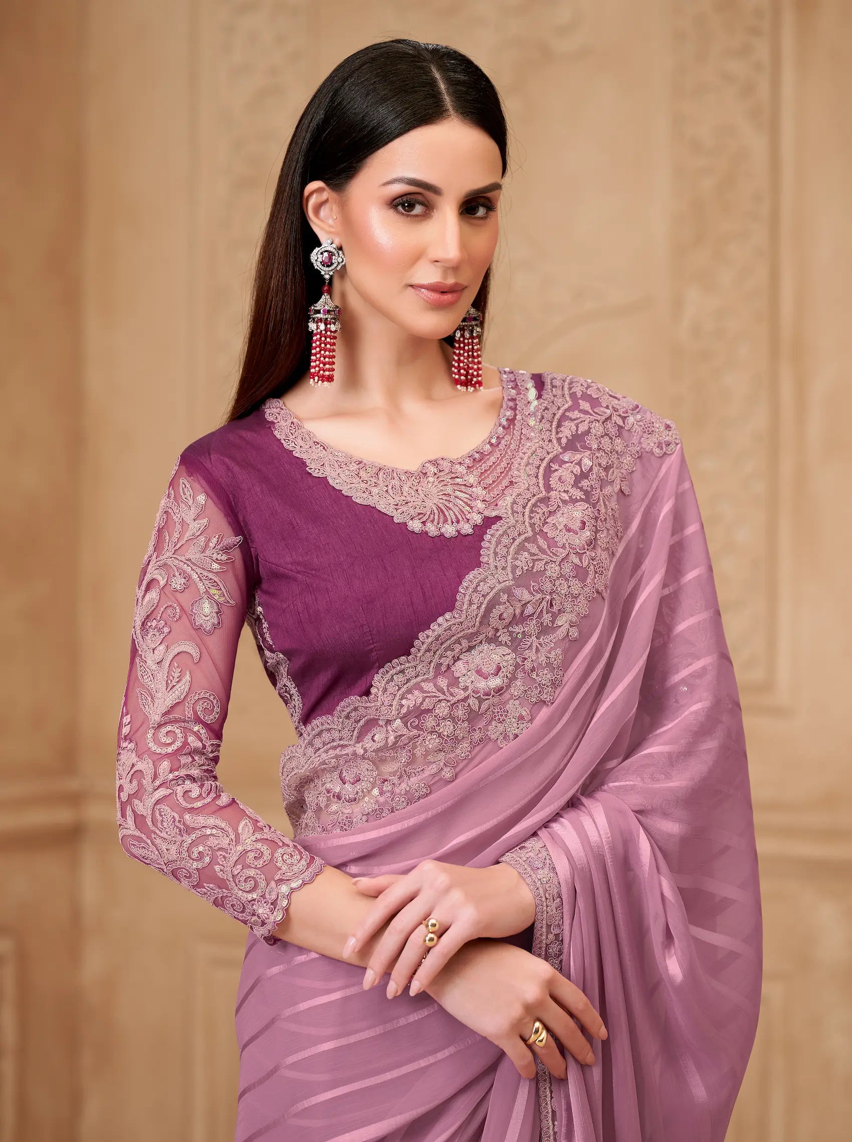 Onion Pink Pattern Georgette Embroidery Party Wear Saree - qivii