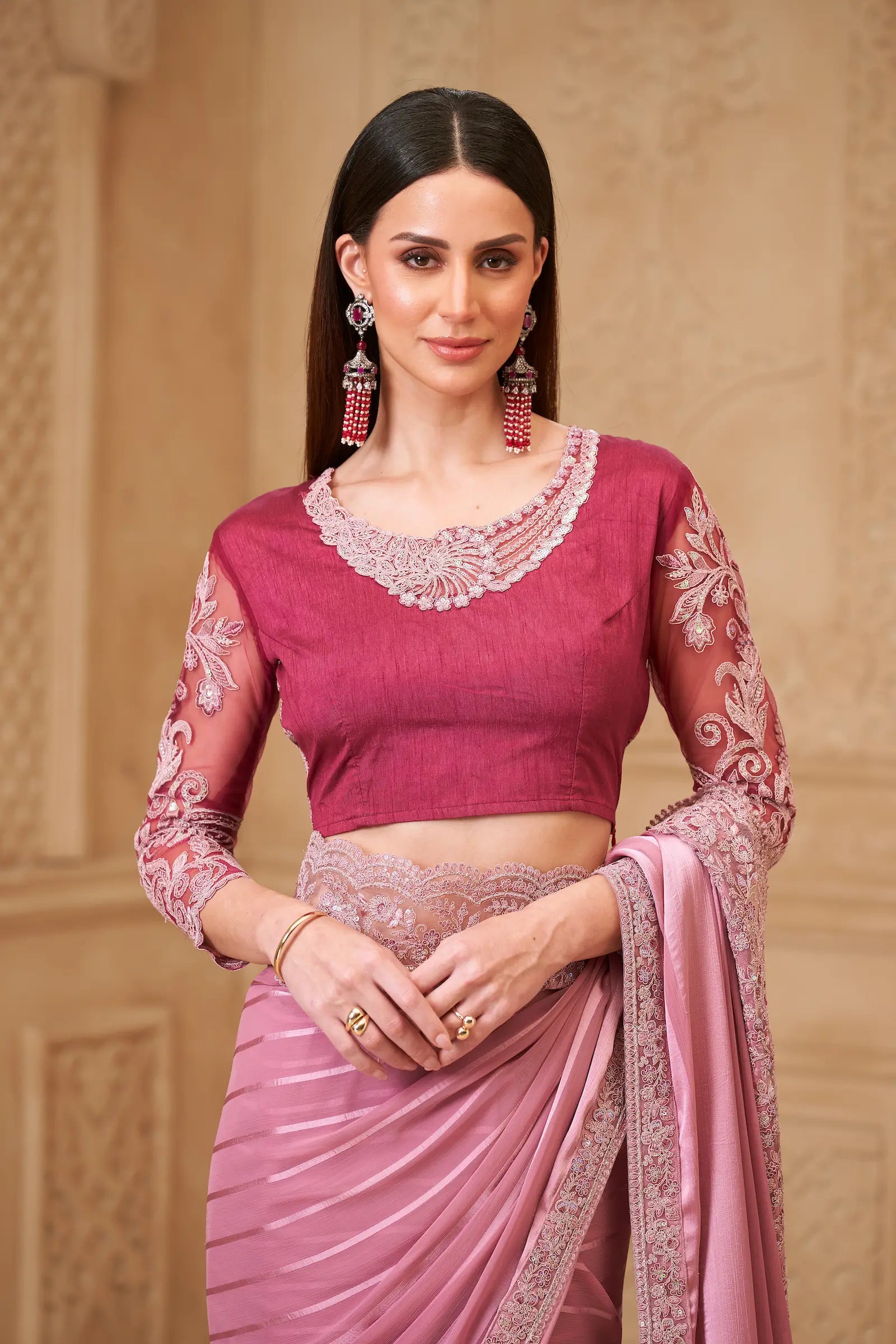 Onion Pink Pattern Georgette Embroidery Party Wear Saree - qivii