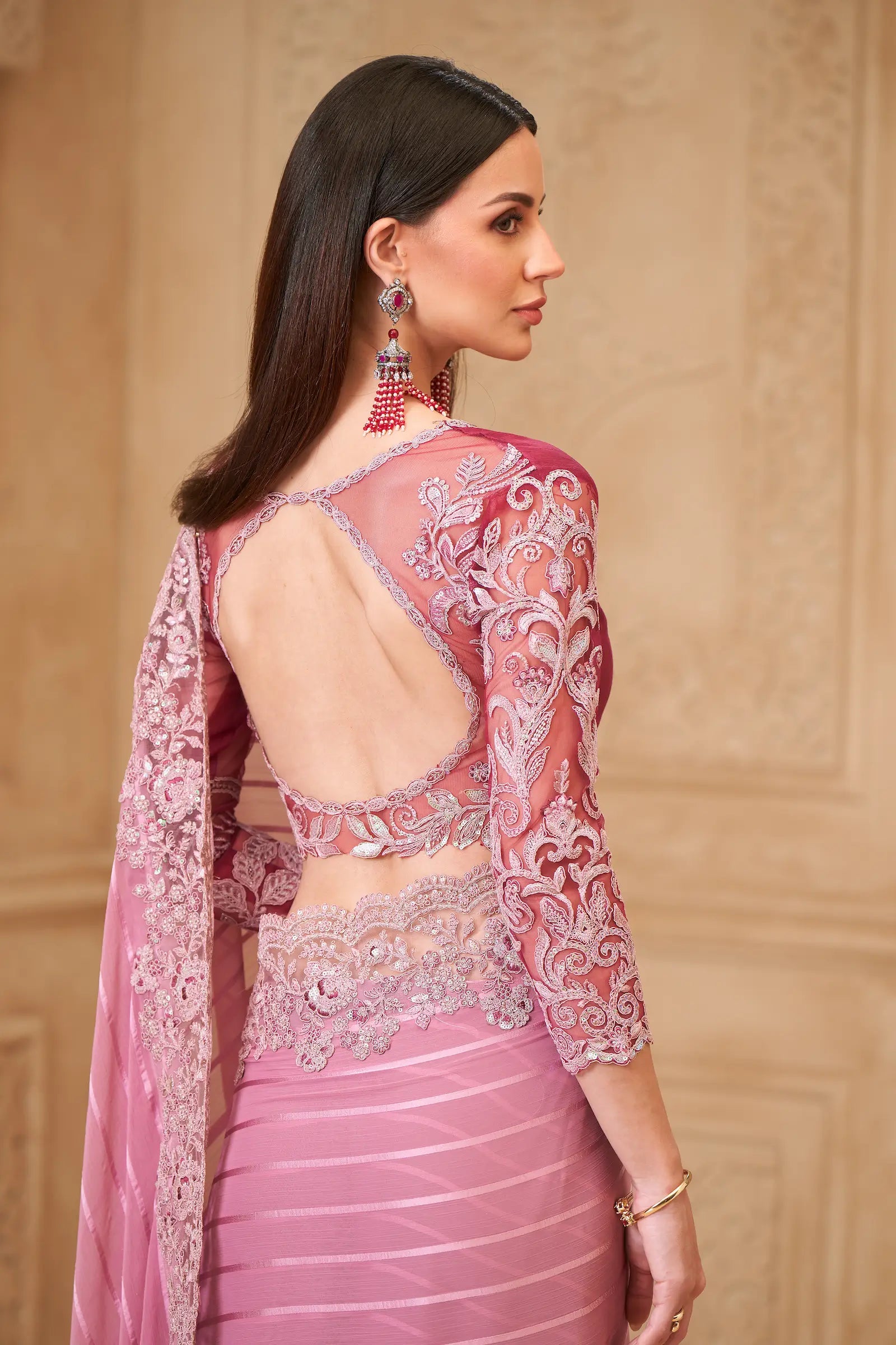 Onion Pink Pattern Georgette Embroidery Party Wear Saree - qivii