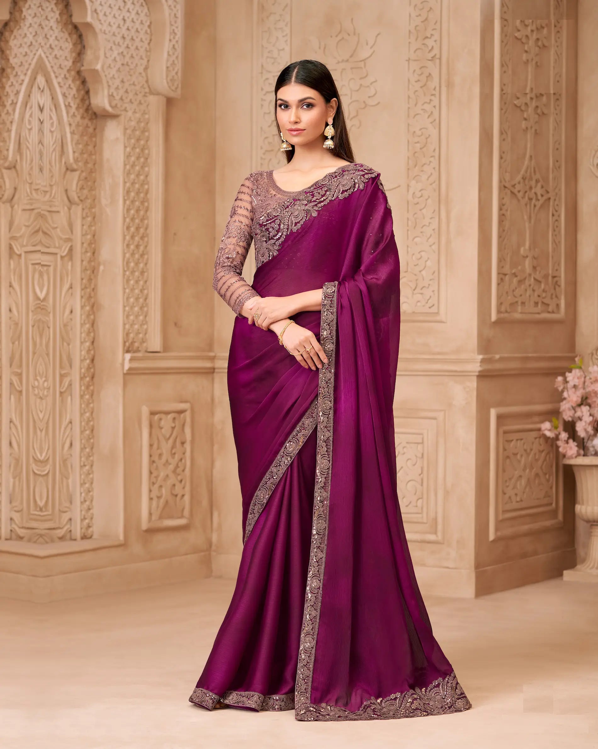 Wine Red Satin Georgette Embroidery Party Wear Saree - qivii