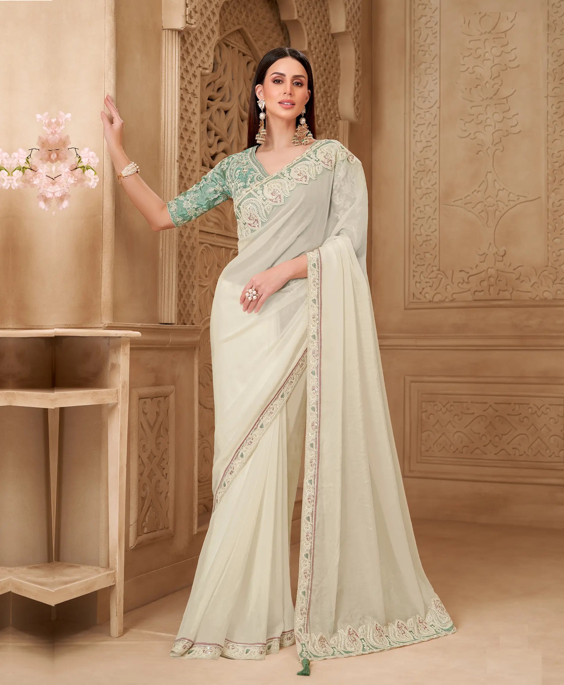 Powder White Georgette Silk Embroidery Party Wear Saree - qivii