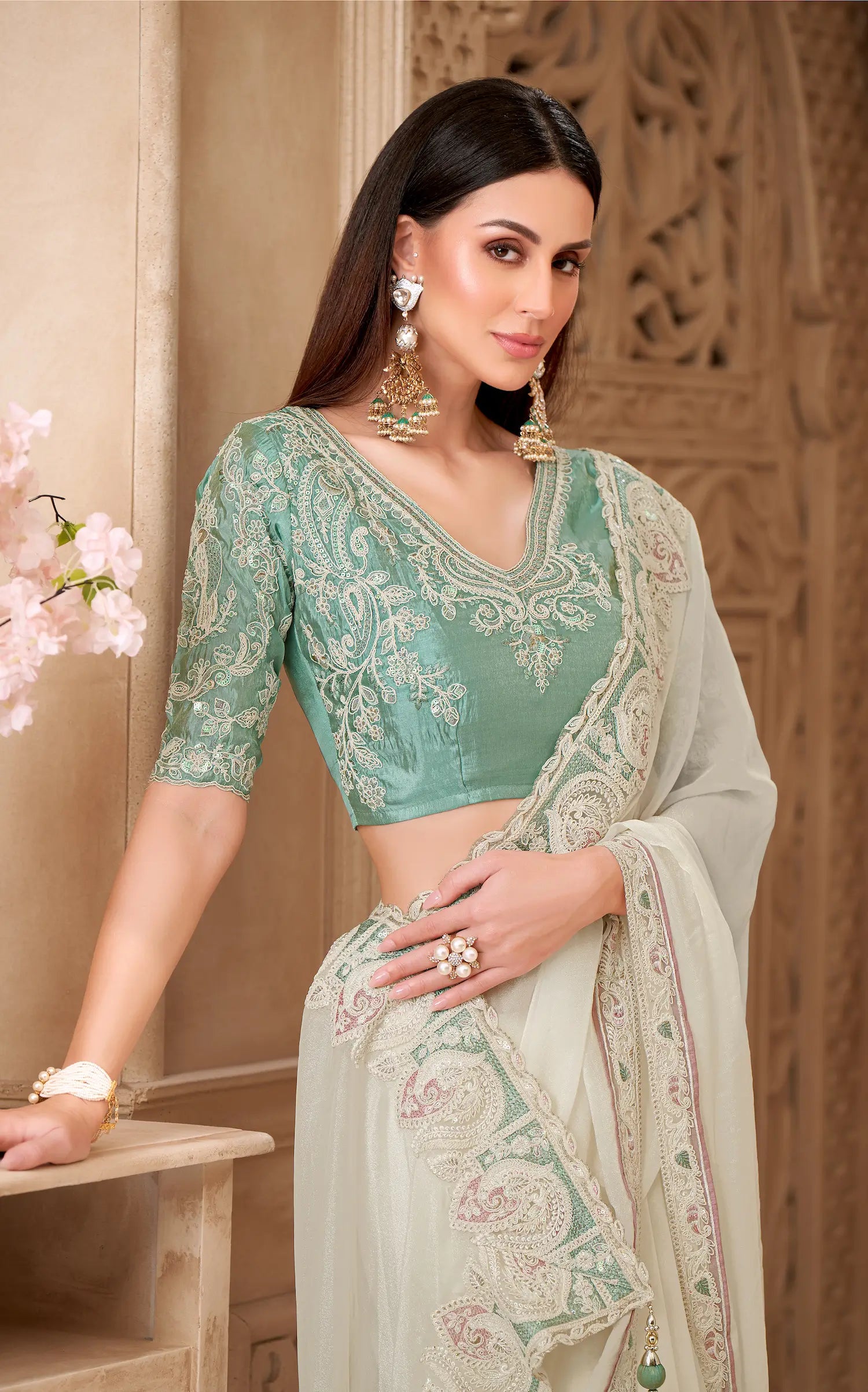 Powder White Georgette Silk Embroidery Party Wear Saree - qivii