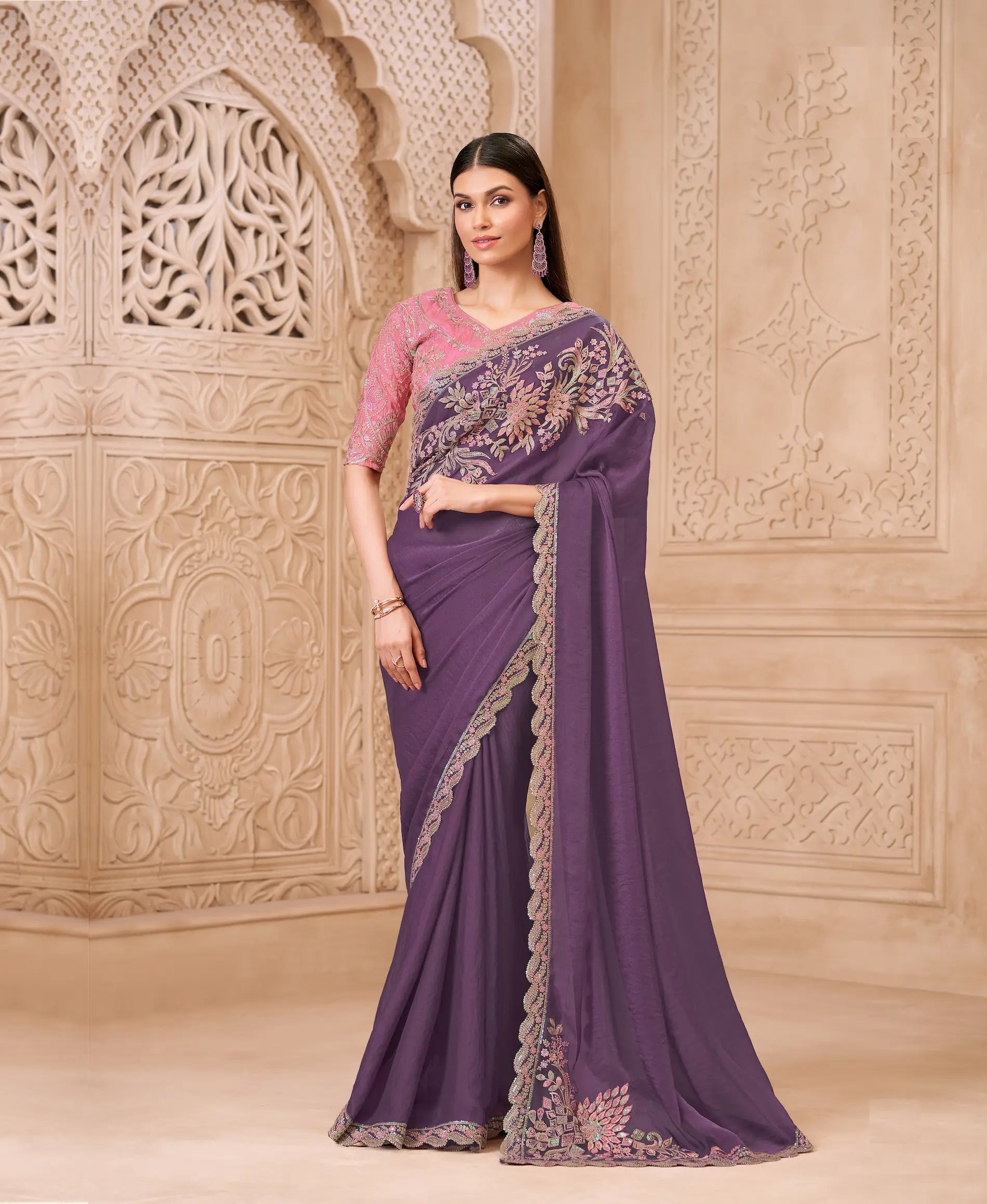 Dusty Purple Sparkle Georgette Embroidery Party Wear Saree - qivii