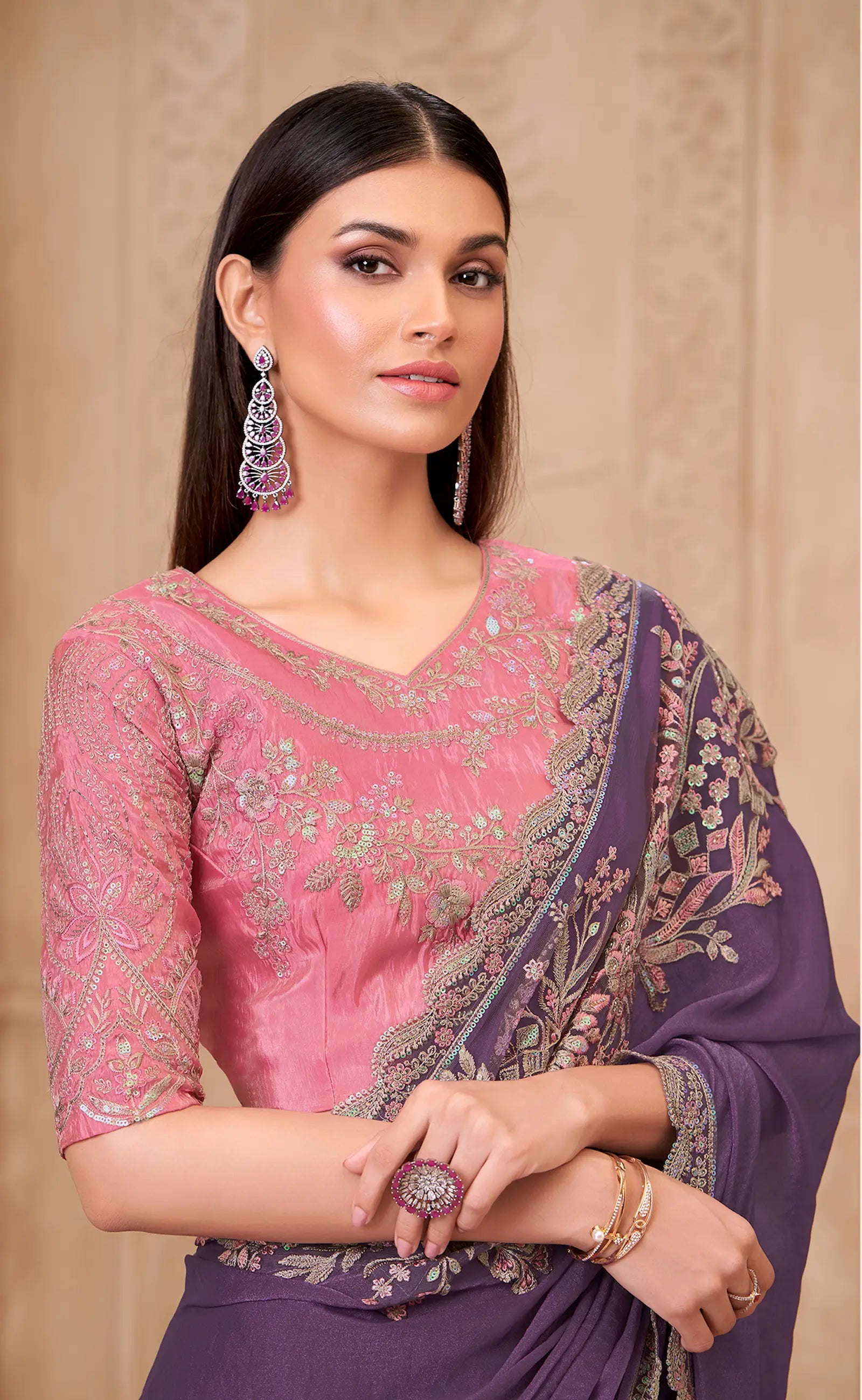 Dusty Purple Sparkle Georgette Embroidery Party Wear Saree - qivii