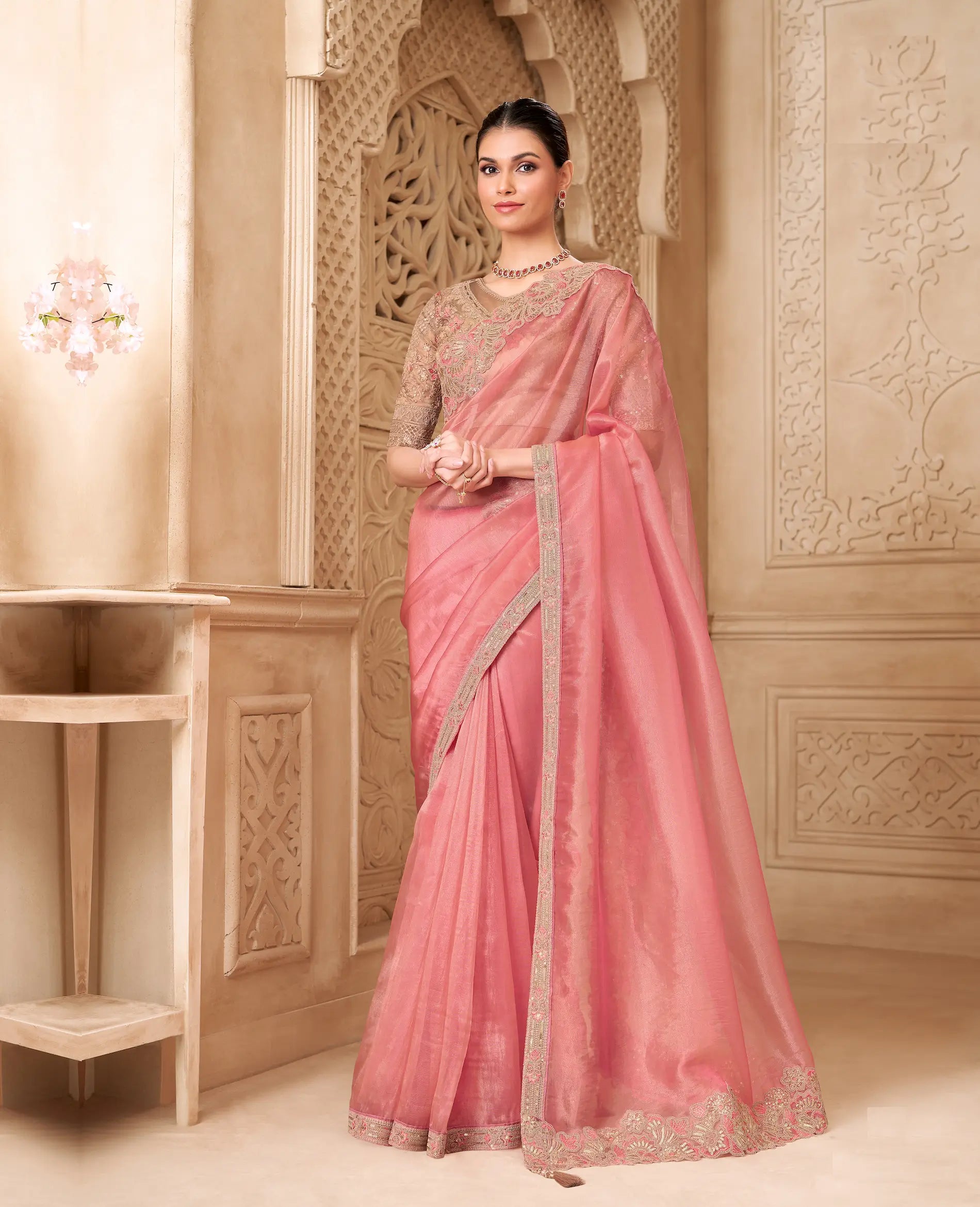 Sea Pink Tissue Georgette Embroidery Party Wear Saree - qivii