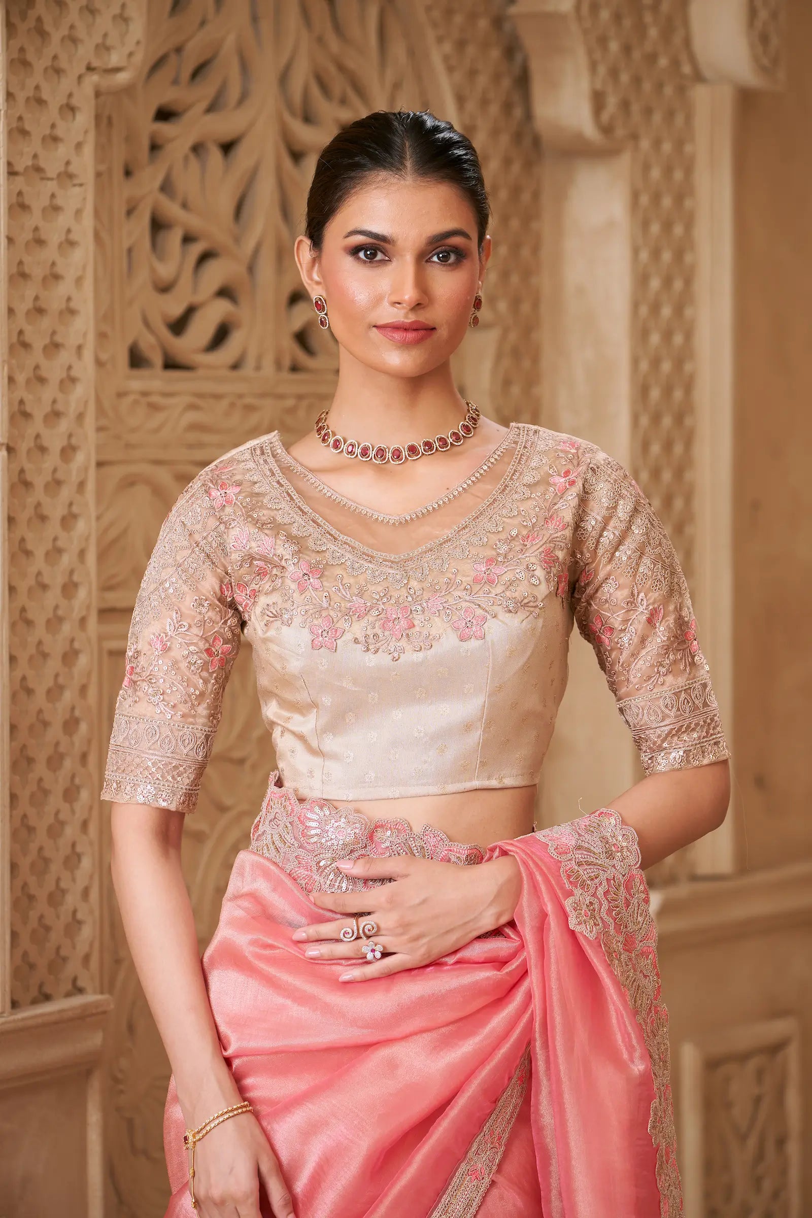 Sea Pink Tissue Georgette Embroidery Party Wear Saree - qivii